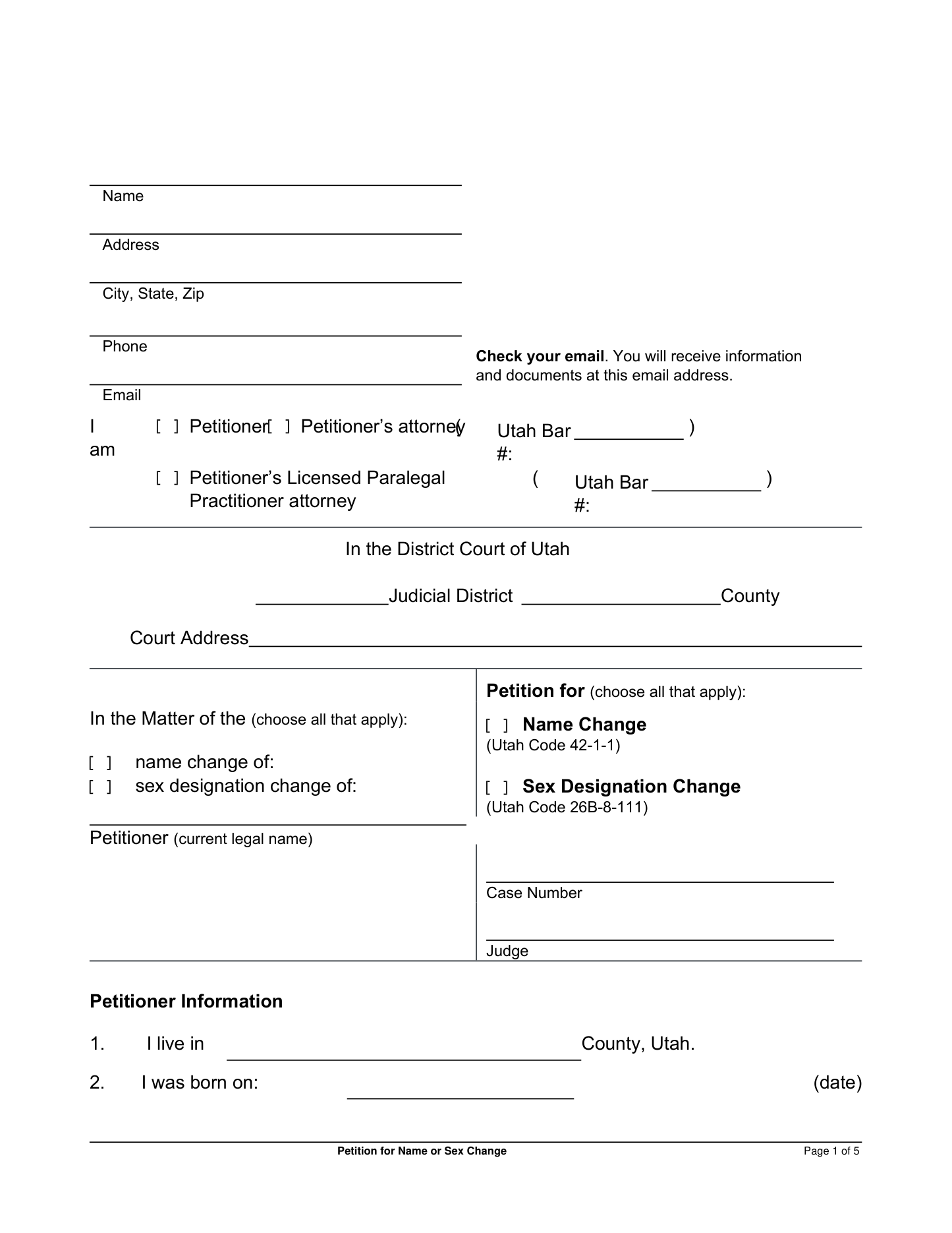 Page 1 of the official Utah Petition for Name or Sex Change (1730FA) included in the download