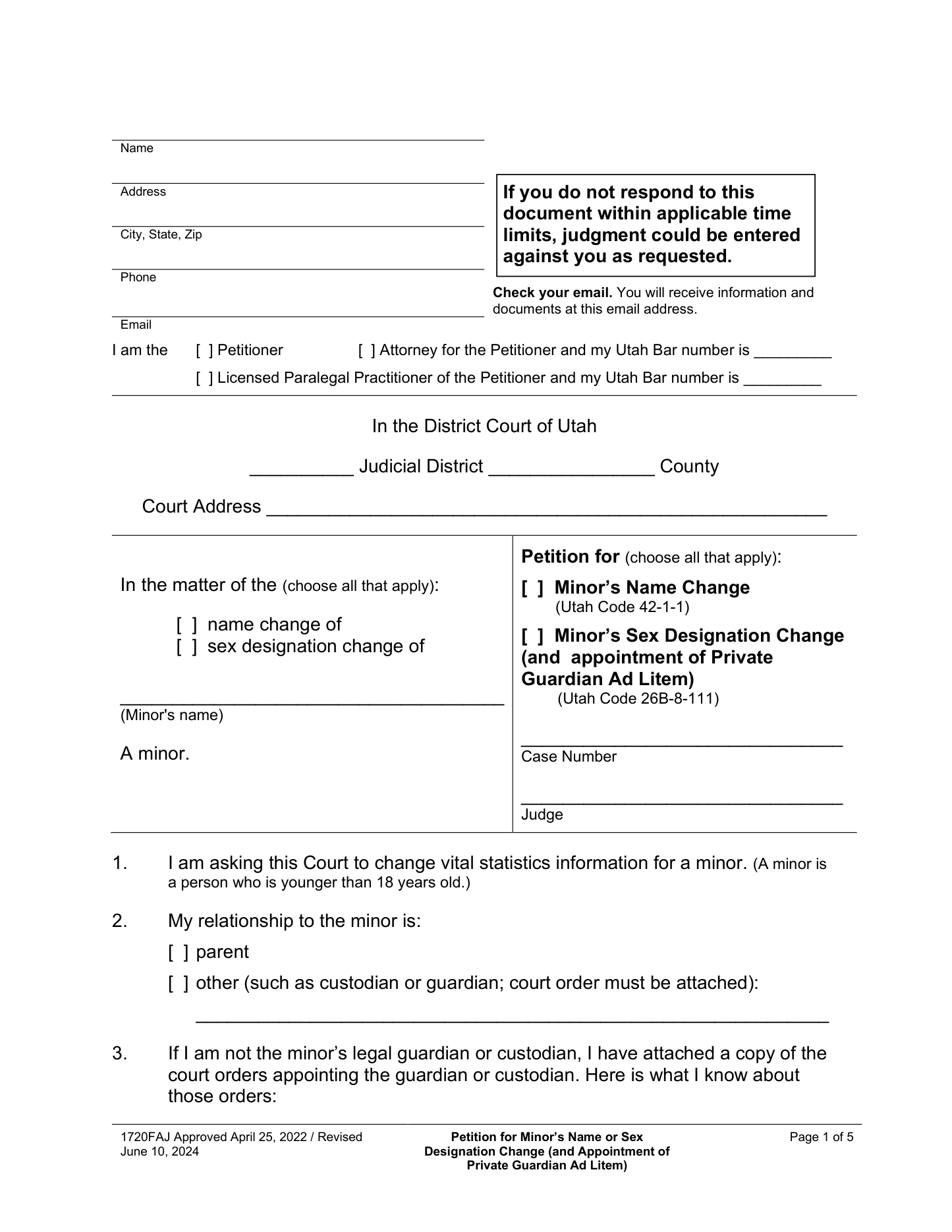 Page 1 of the official Utah Petition for Minor's Name or Sex Change (1720FA) included in the download