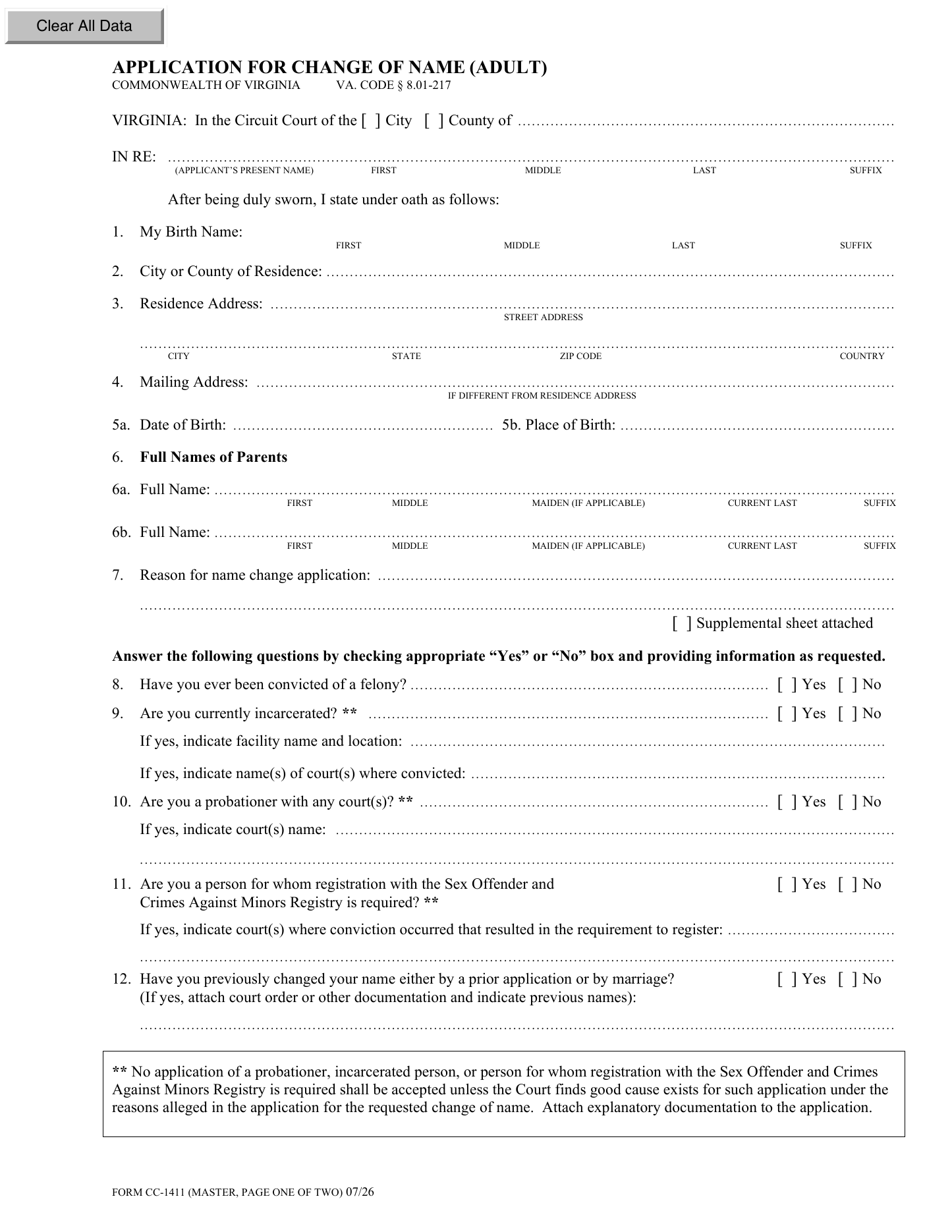 Page 1 of the official Virginia Application for Change of Name — Adult (CC-1411) included in the download
