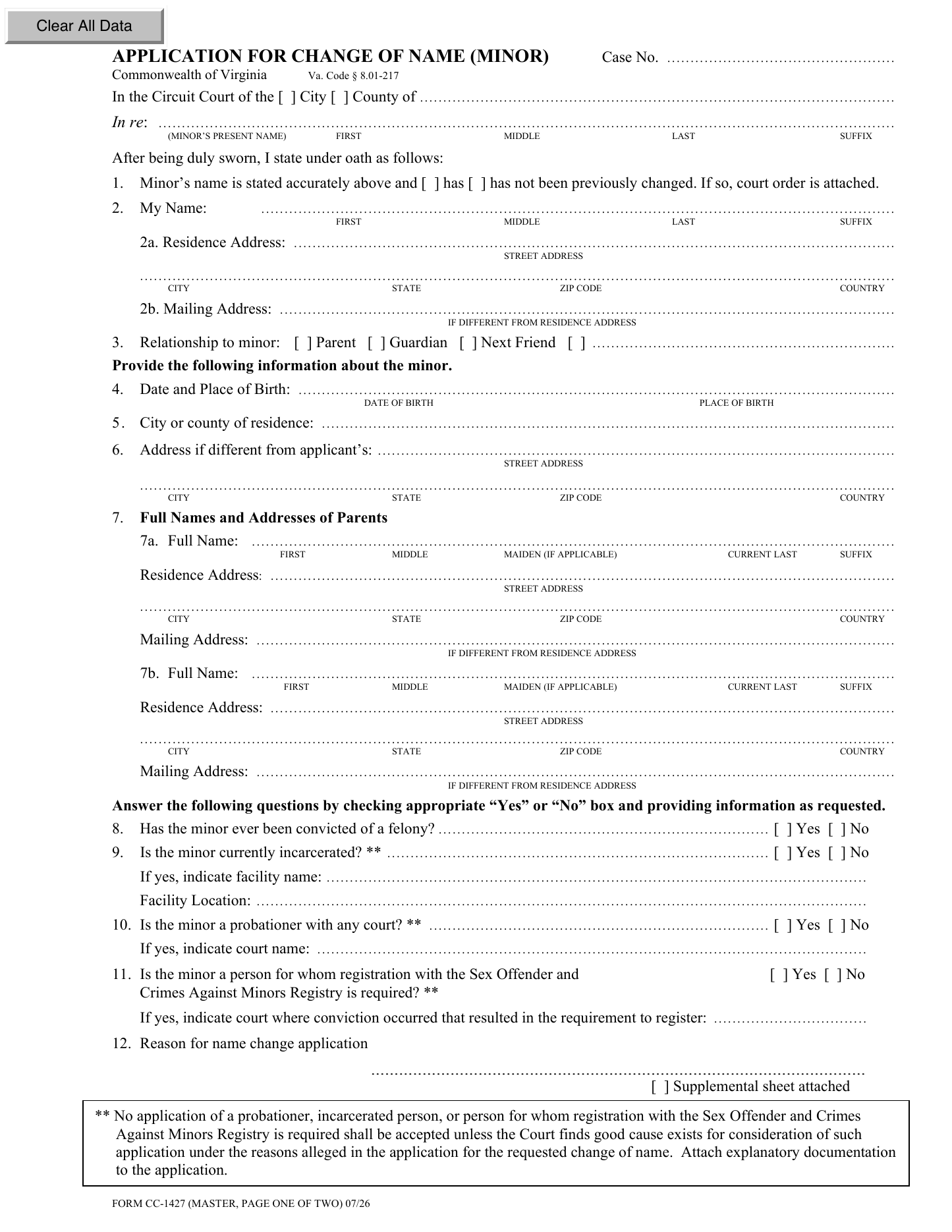 Page 1 of the official Virginia Application for Change of Name — Minor (CC-1427) included in the download