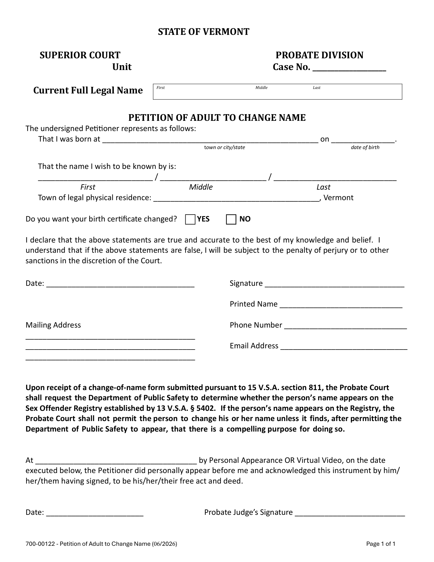 Page 1 of the official Vermont Petition of Adult to Change Name (form 700-00122) included in the download