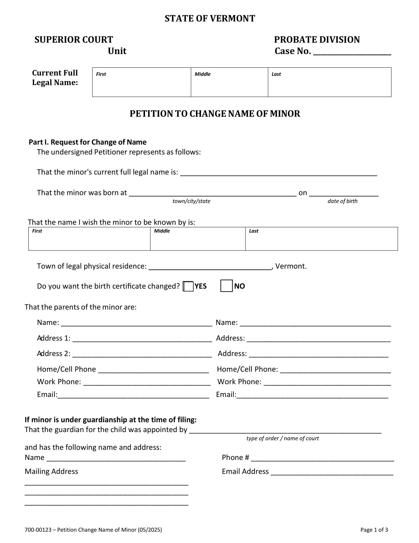 Page 1 of the official Vermont Petition to Change Name of Minor (form 700-00123) included in the download