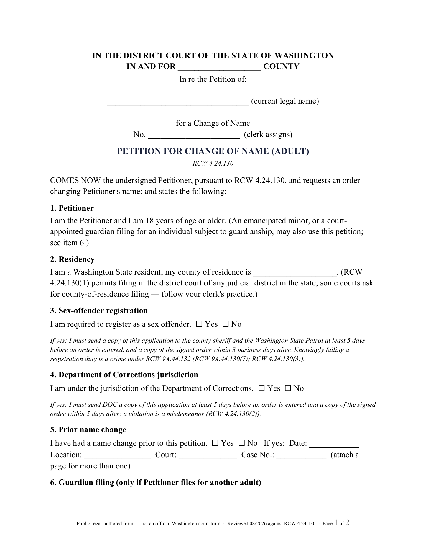 Page 1 of the PublicLegal-authored Washington Petition for Change of Name (Adult) included in the download