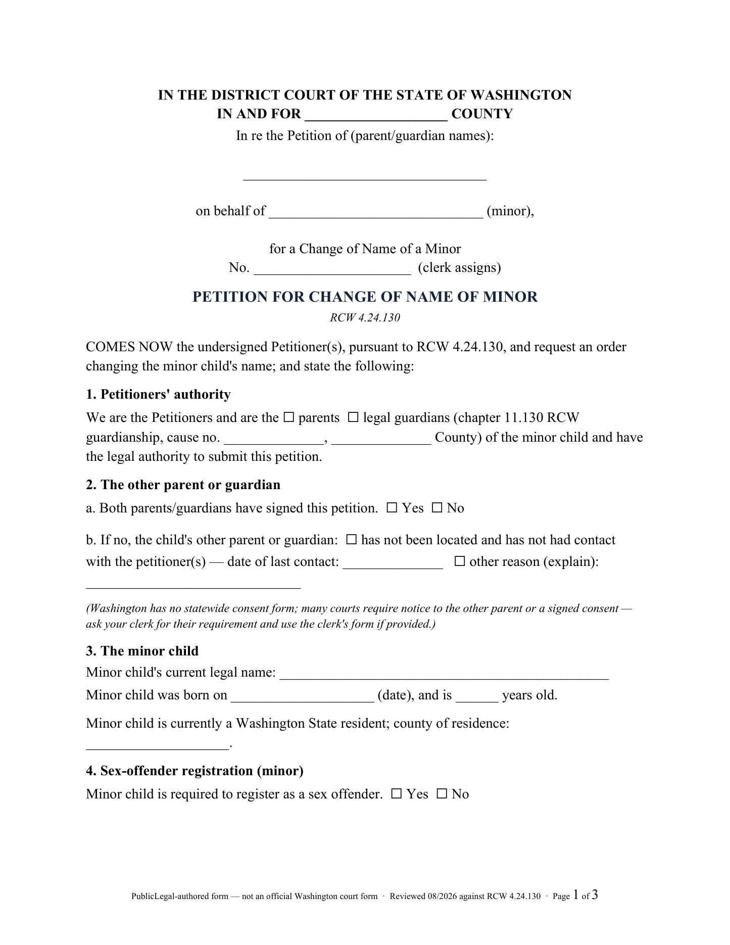 Page 1 of the PublicLegal-authored Washington Petition for Change of Name of a Minor included in the download