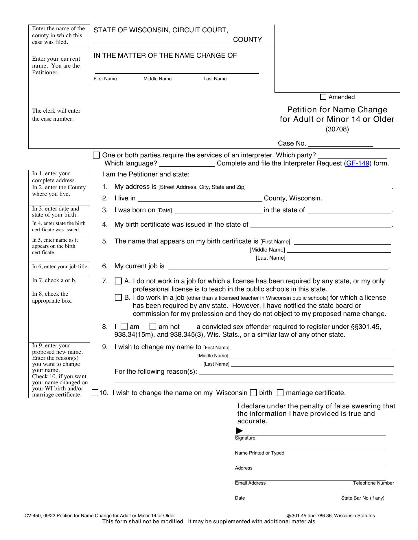 Page 1 of the official Wisconsin Petition for Name Change for Adult or Minor 14 or Older (CV-450) included in the download