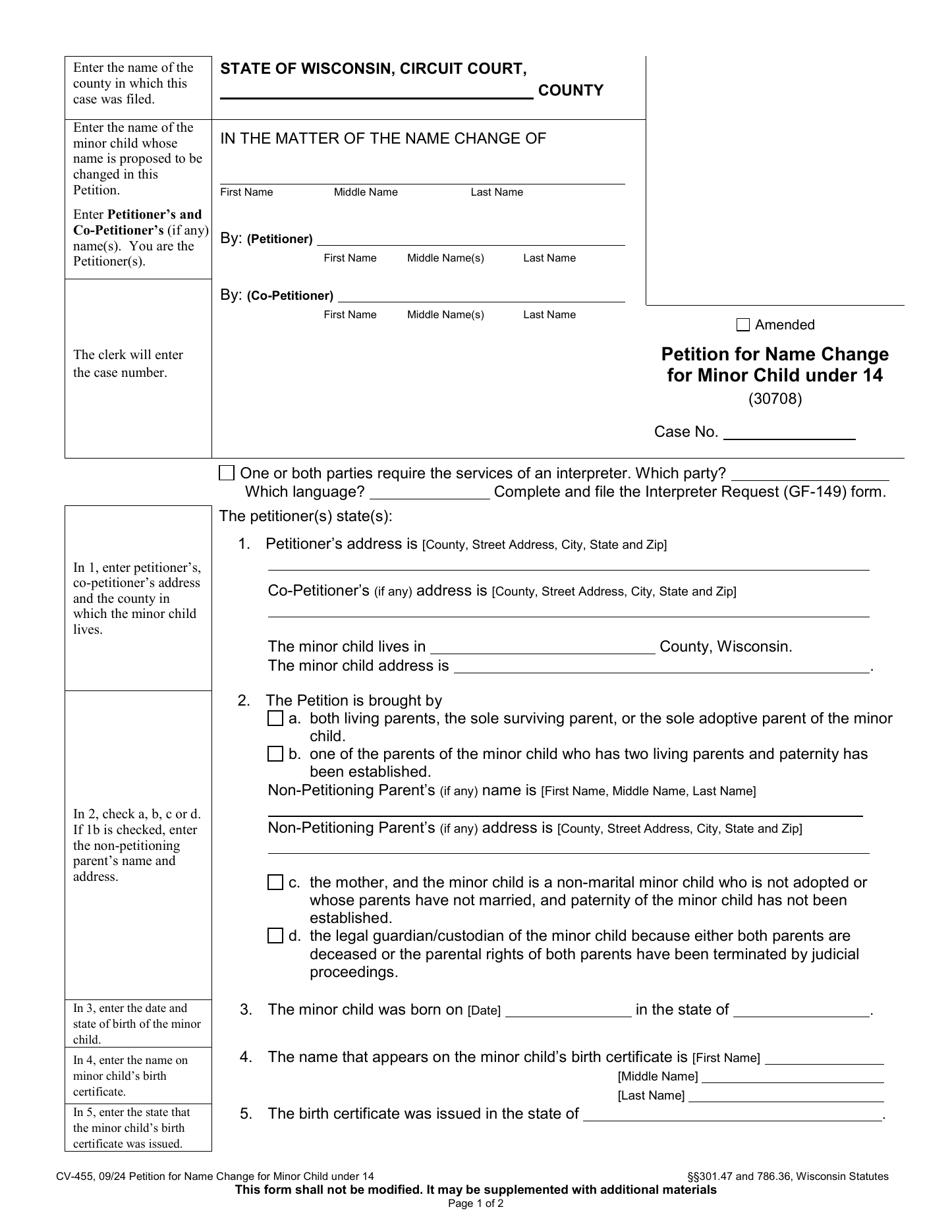 Page 1 of the official Wisconsin Petition for Name Change for Minor Child under 14 (CV-455) included in the download