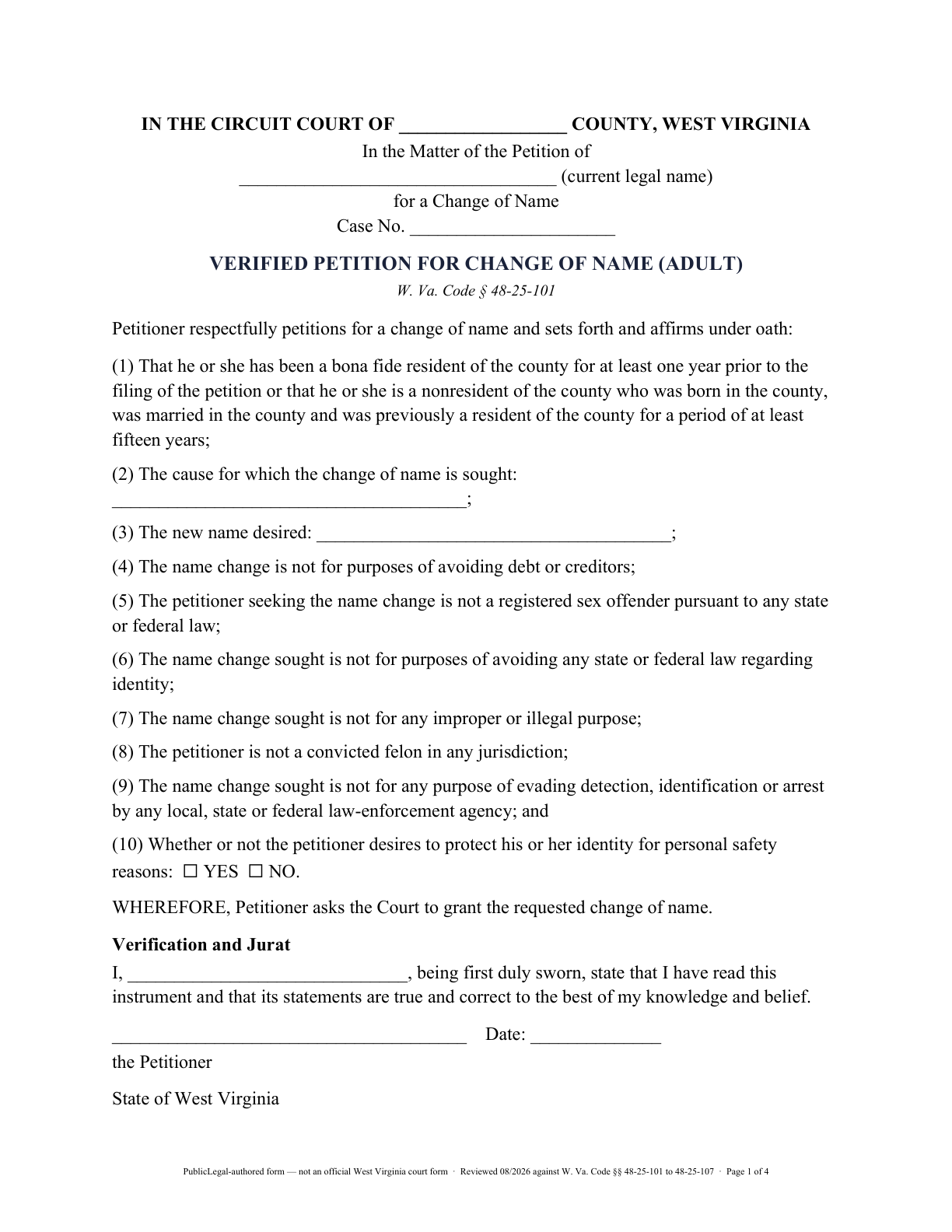 Page 1 of the PublicLegal-authored West Virginia adult name-change petition included in the download