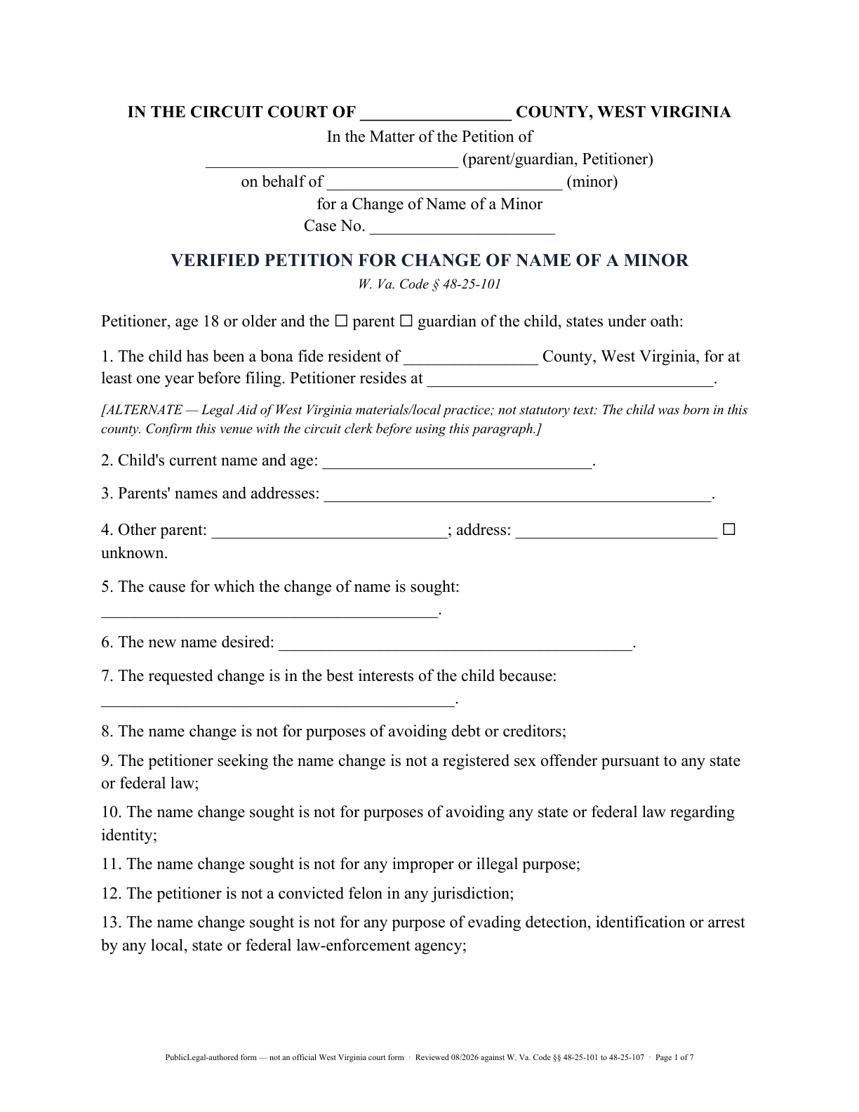 Page 1 of the PublicLegal-authored West Virginia minor name-change petition included in the download
