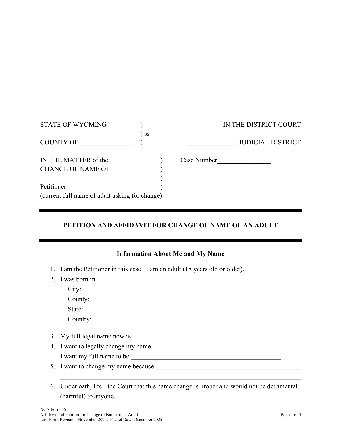 Page 1 of the official Wyoming Petition and Affidavit for Change of Name of an Adult (NCA Form 06) included in the download