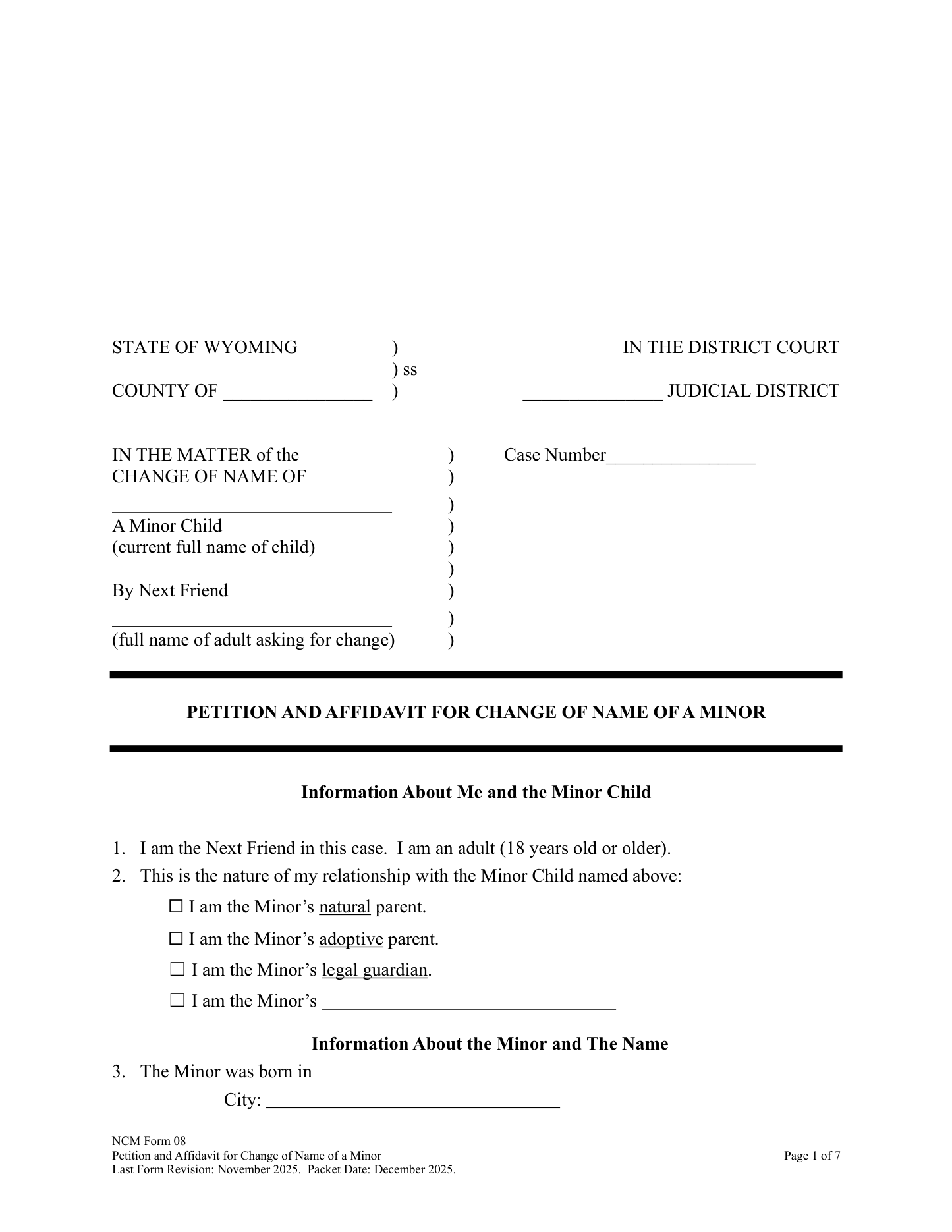 Page 1 of the official Wyoming Petition and Affidavit for Change of Name of a Minor (NCM Form 08) included in the download