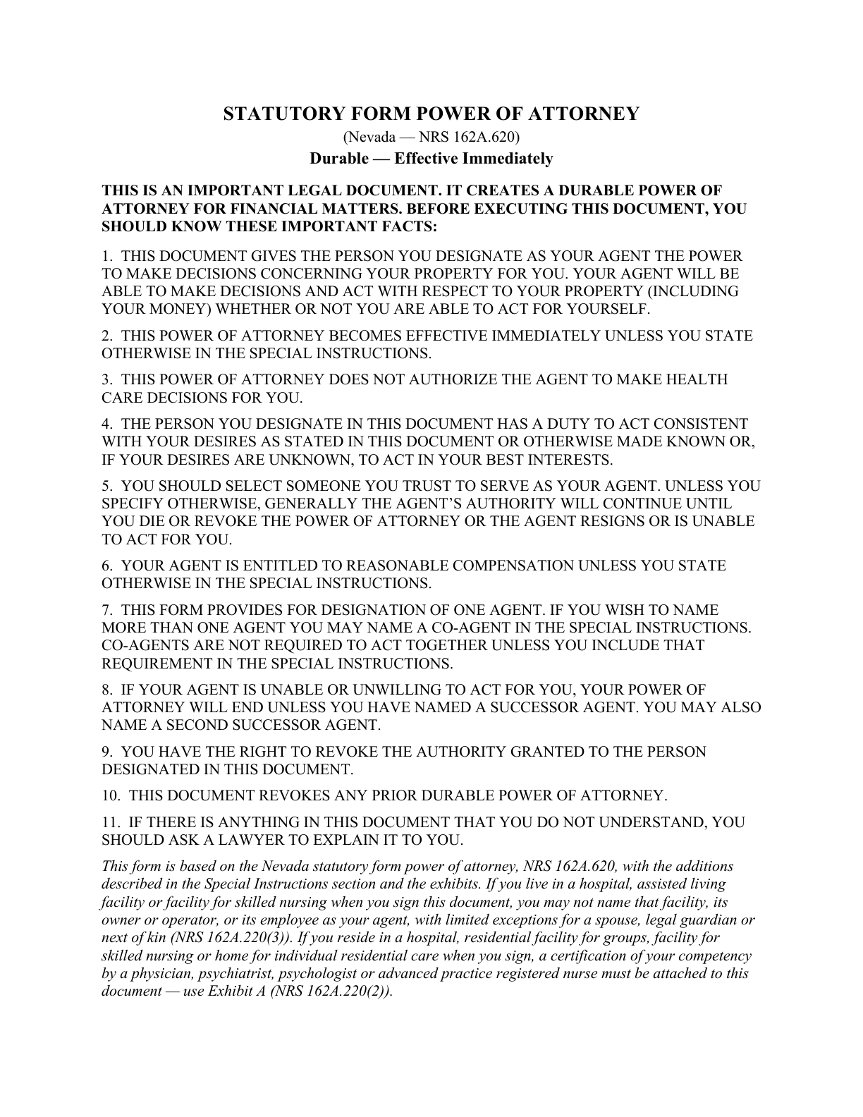 Page 1 of the blank Nevada Statutory Form Power of Attorney (Durable, Effective Immediately)