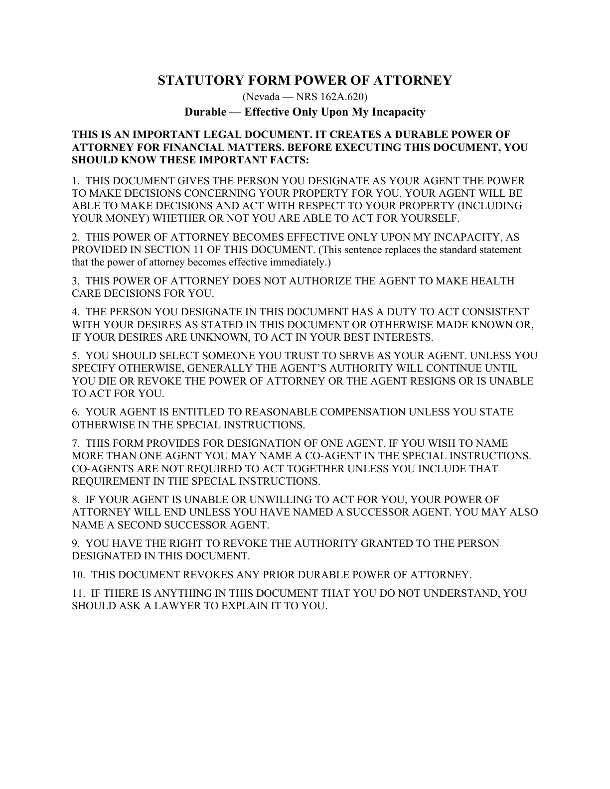 Page 1 of the blank Nevada Statutory Form Power of Attorney (Durable, Effective Upon Incapacity)