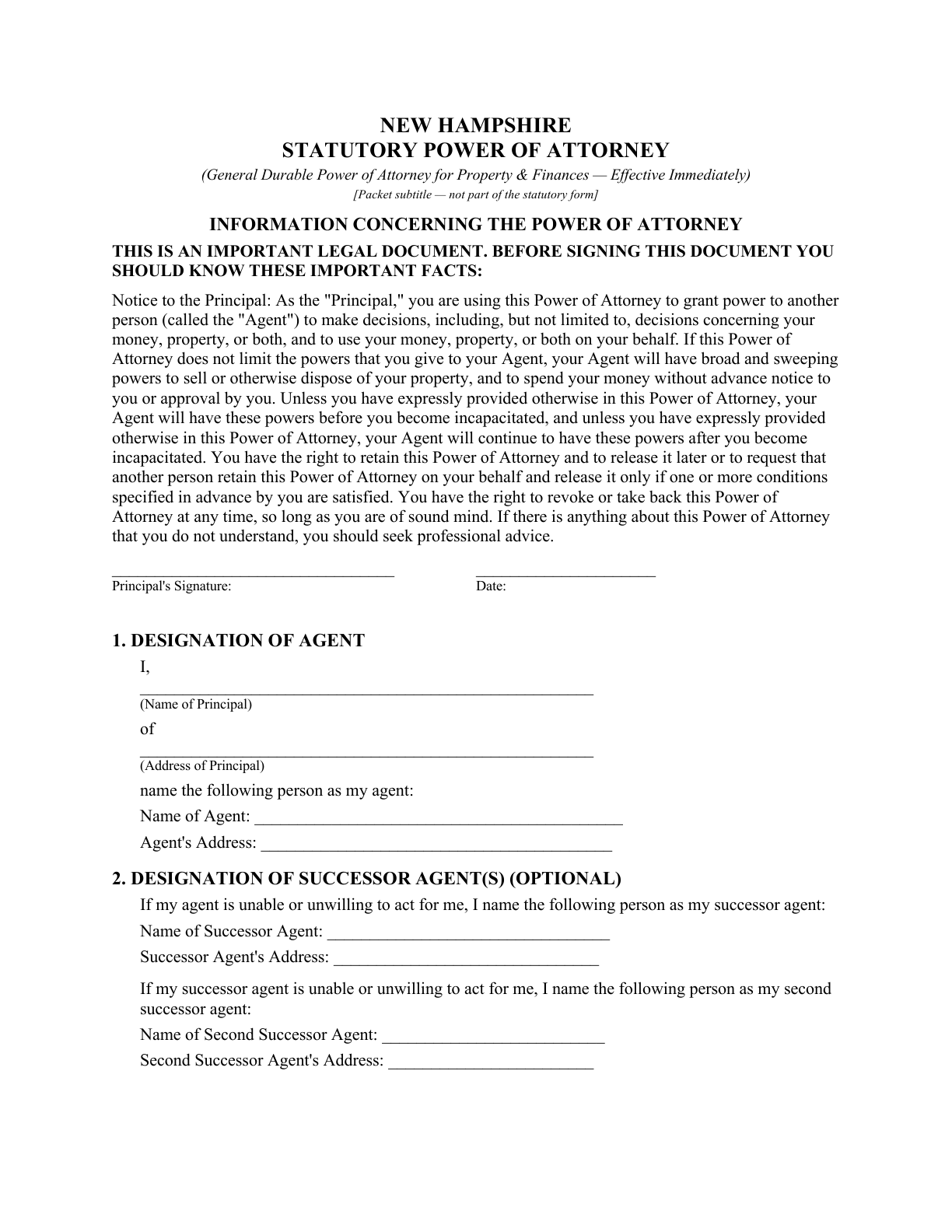 First page of the instrument — the New Hampshire Statutory Power of Attorney heading, information statement, and agent designation — from the blank New Hampshire General Durable Power of Attorney for Property & Finances (Immediate)