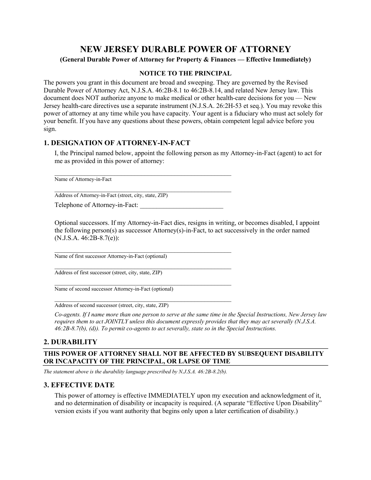 Page 1 of the blank New Jersey General Durable Power of Attorney for Property & Finances (Immediate) — title, notice to the principal, and attorney-in-fact designation