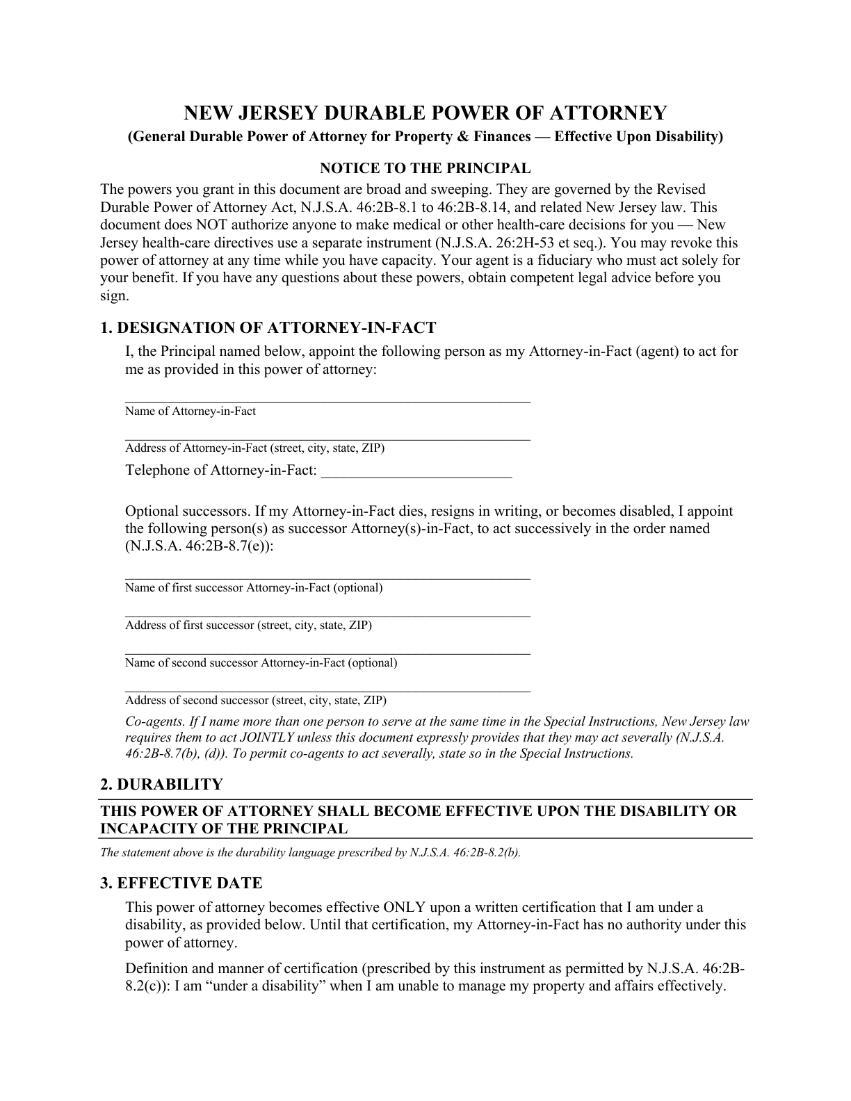 Page 1 of the blank New Jersey General Durable Power of Attorney for Property & Finances (Upon Disability) — title, notice to the principal, and attorney-in-fact designation