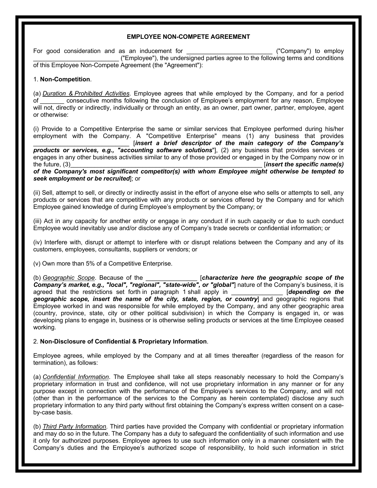 Page 1 of the Employee Non-Compete Agreement form