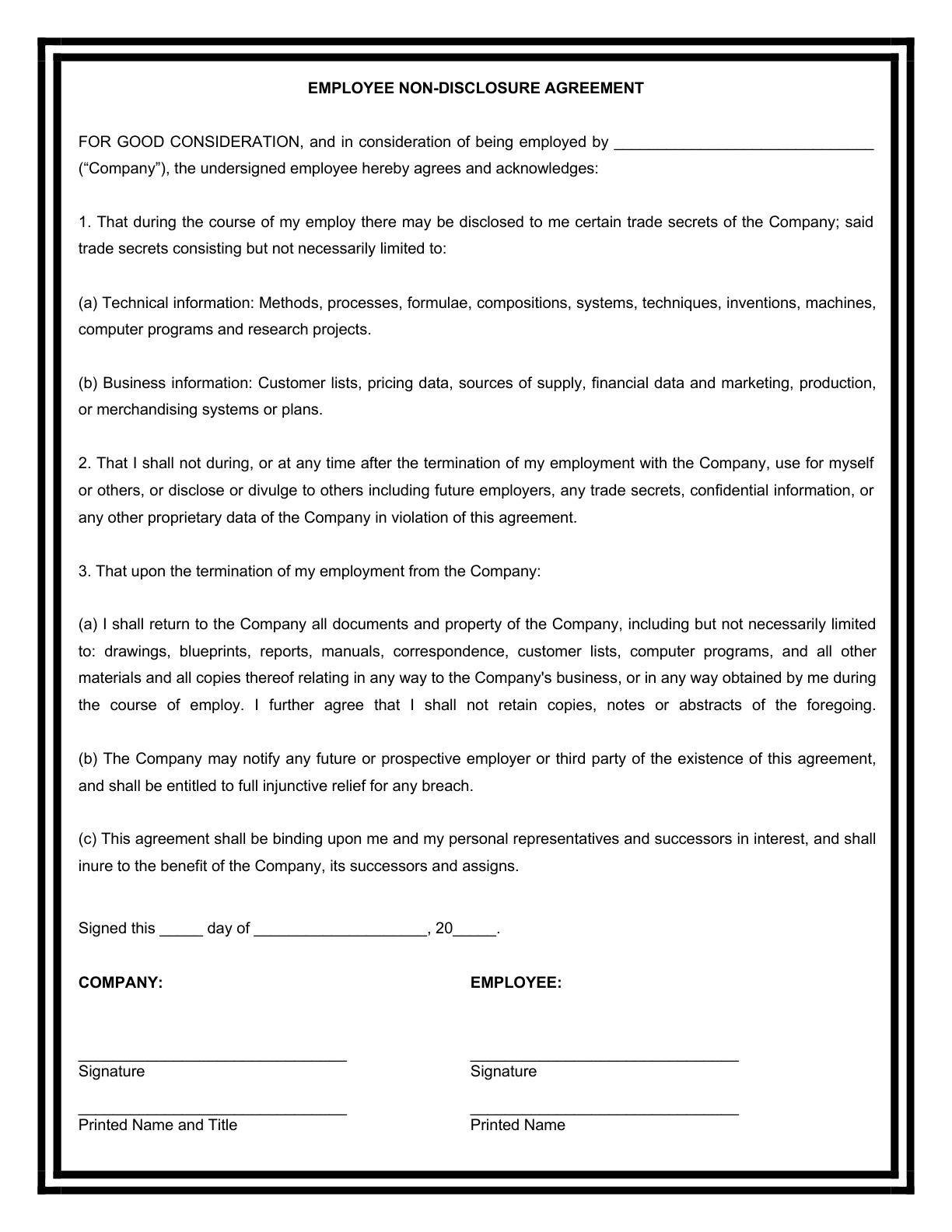 Top of the Employee Non-Disclosure Agreement form
