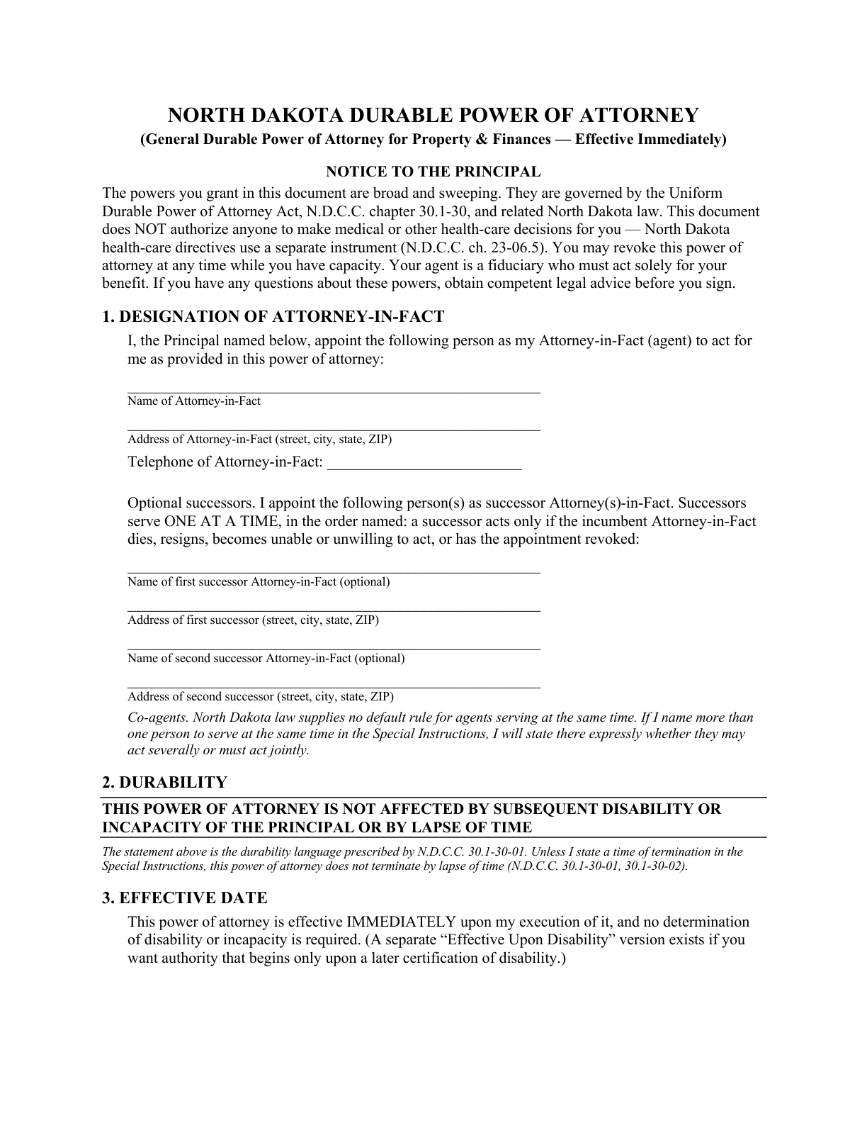 Page 1 of the blank North Dakota General Durable Power of Attorney for Property & Finances (Immediate) — title, notice to the principal, and attorney-in-fact designation