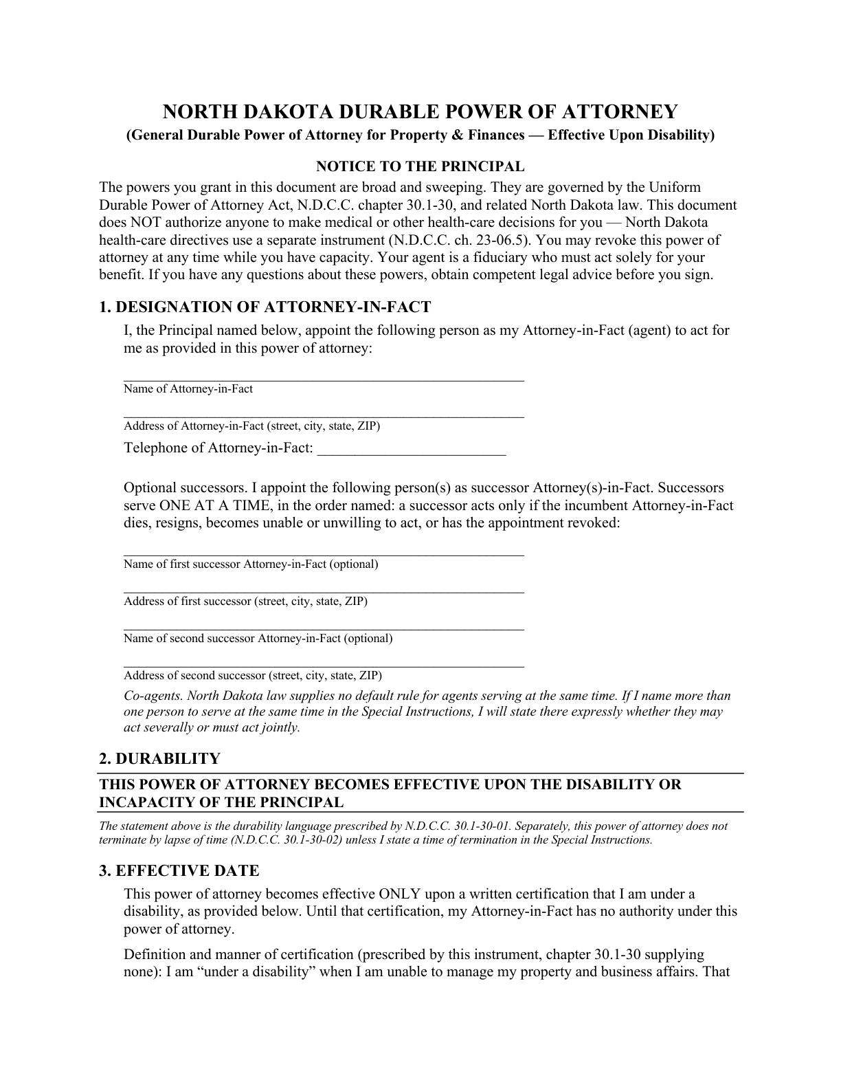 Page 1 of the blank North Dakota General Durable Power of Attorney for Property & Finances (Upon Disability) — title, notice to the principal, and attorney-in-fact designation