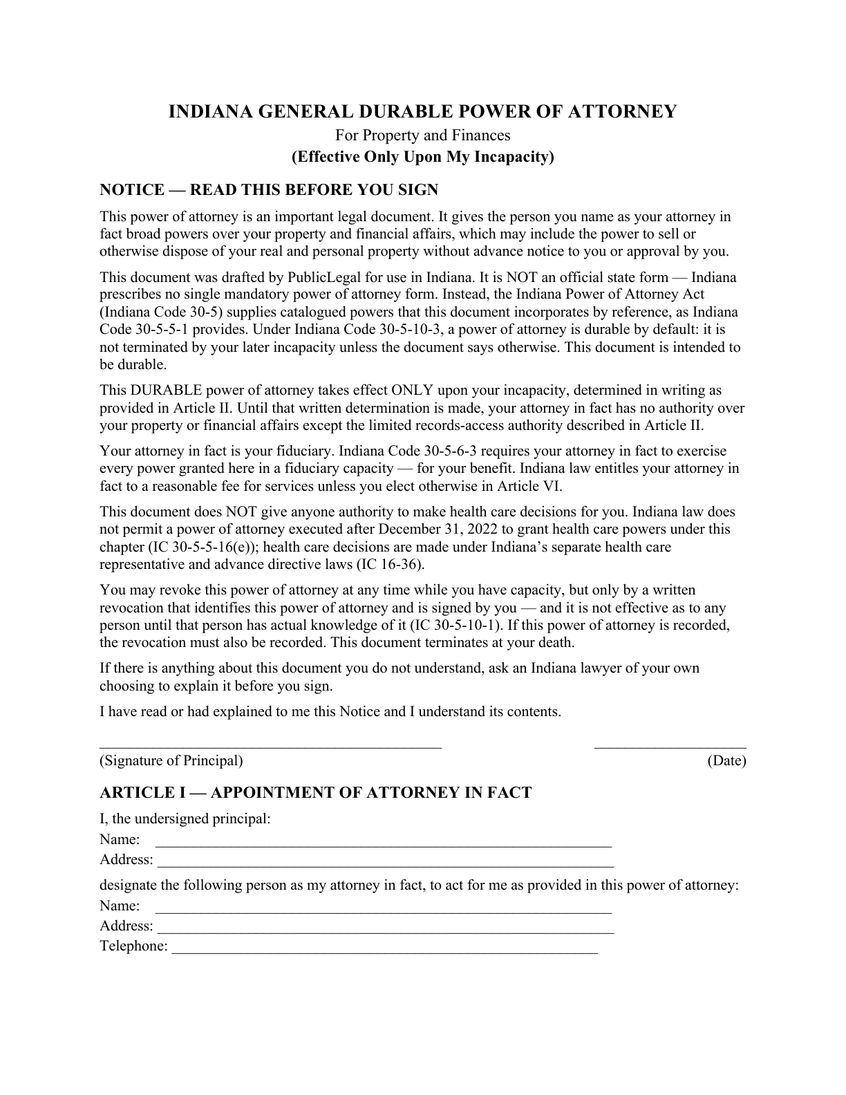 Page 1 of the blank Indiana General Durable Power of Attorney for Property & Finances (Upon Disability)