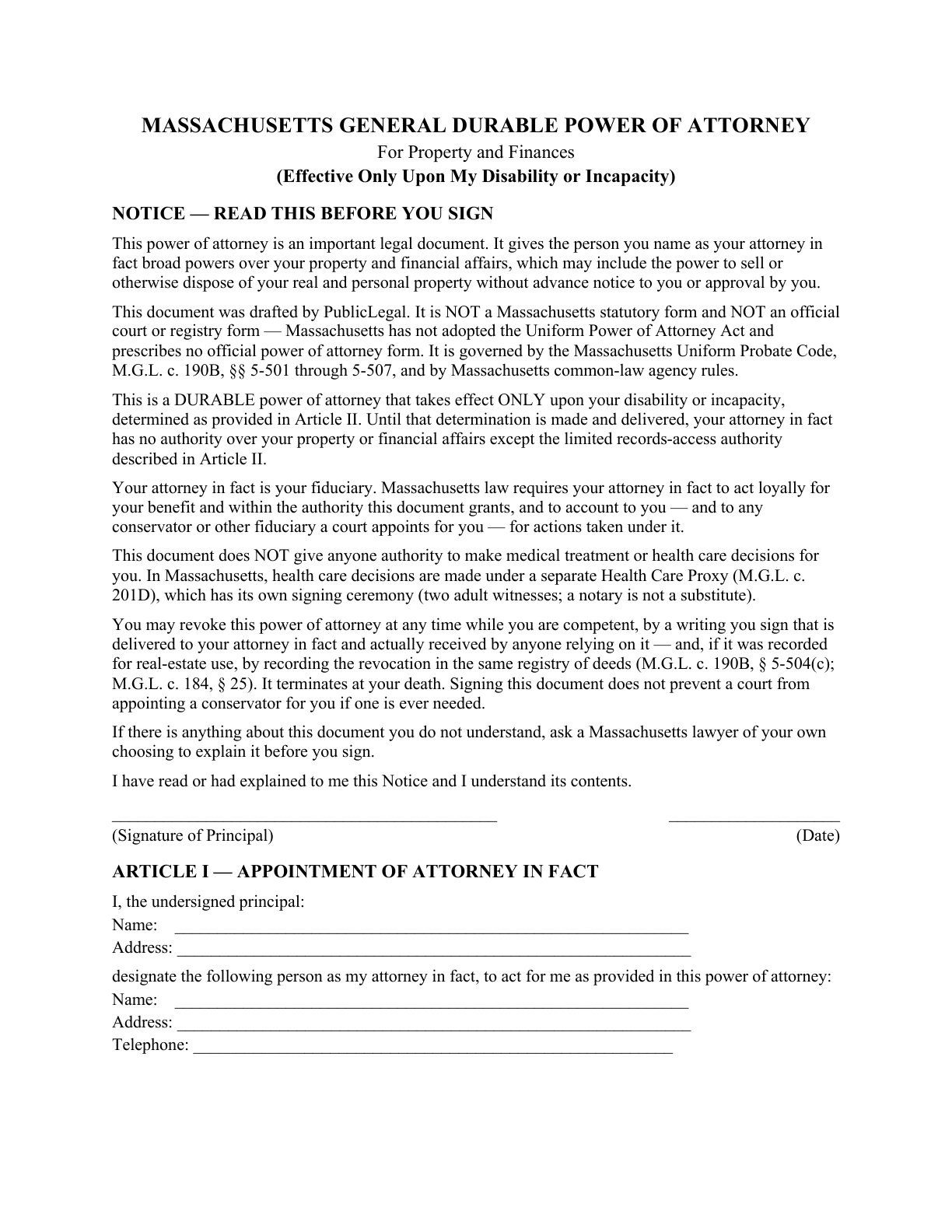 Page 1 of the blank Massachusetts General Durable Power of Attorney for Property & Finances (Upon Disability)