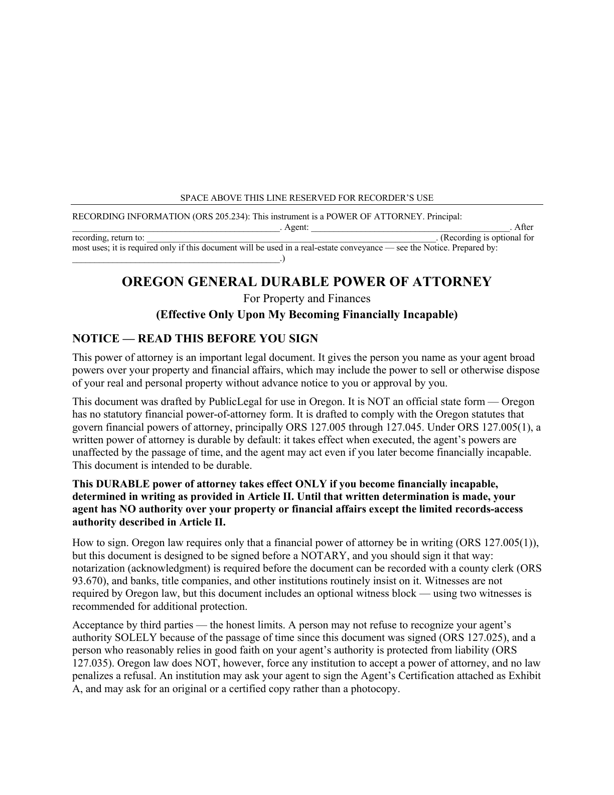Page 1 of the blank Oregon General Durable Power of Attorney for Property & Finances (Upon Disability)