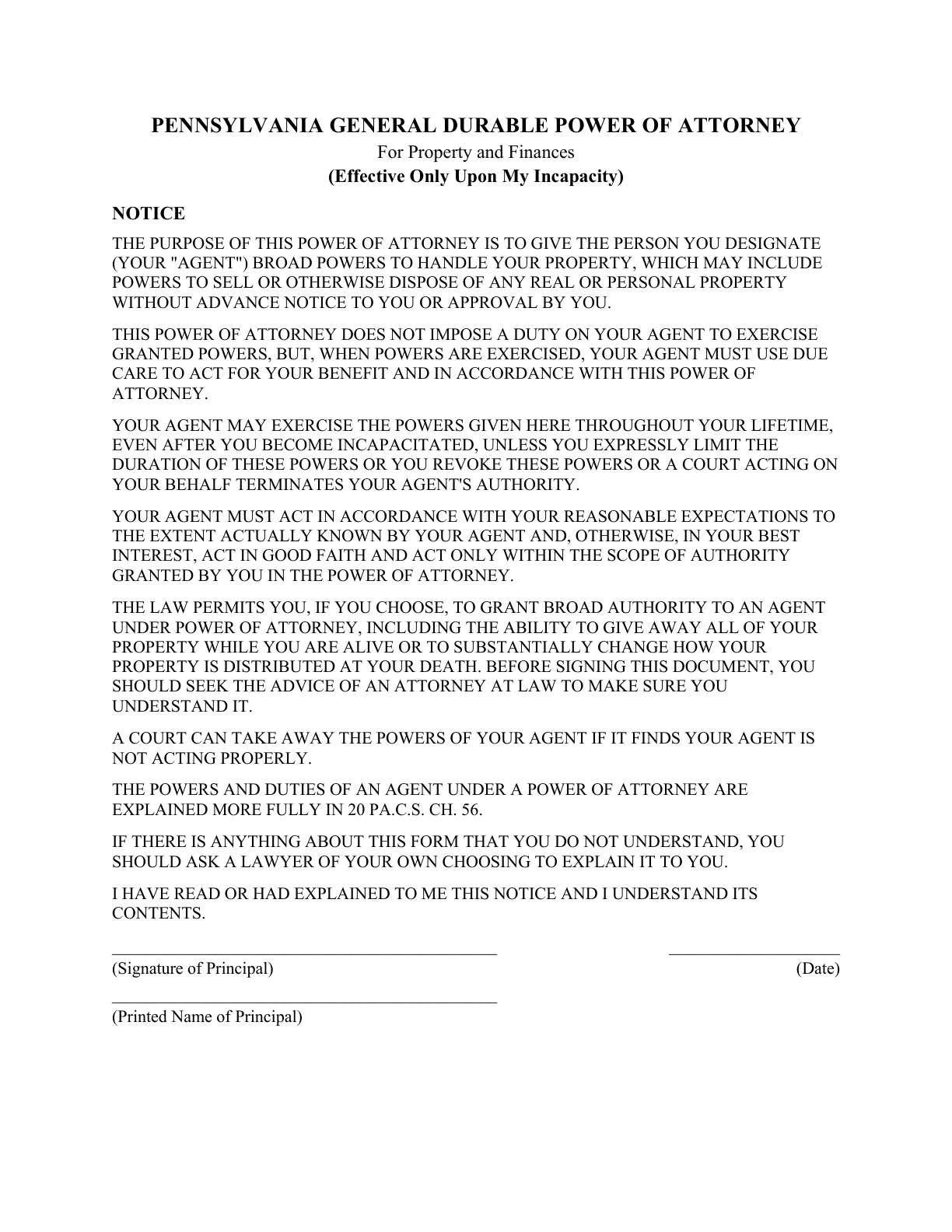 Page 1 of the blank Pennsylvania General Durable Power of Attorney for Property & Finances (Upon Disability)