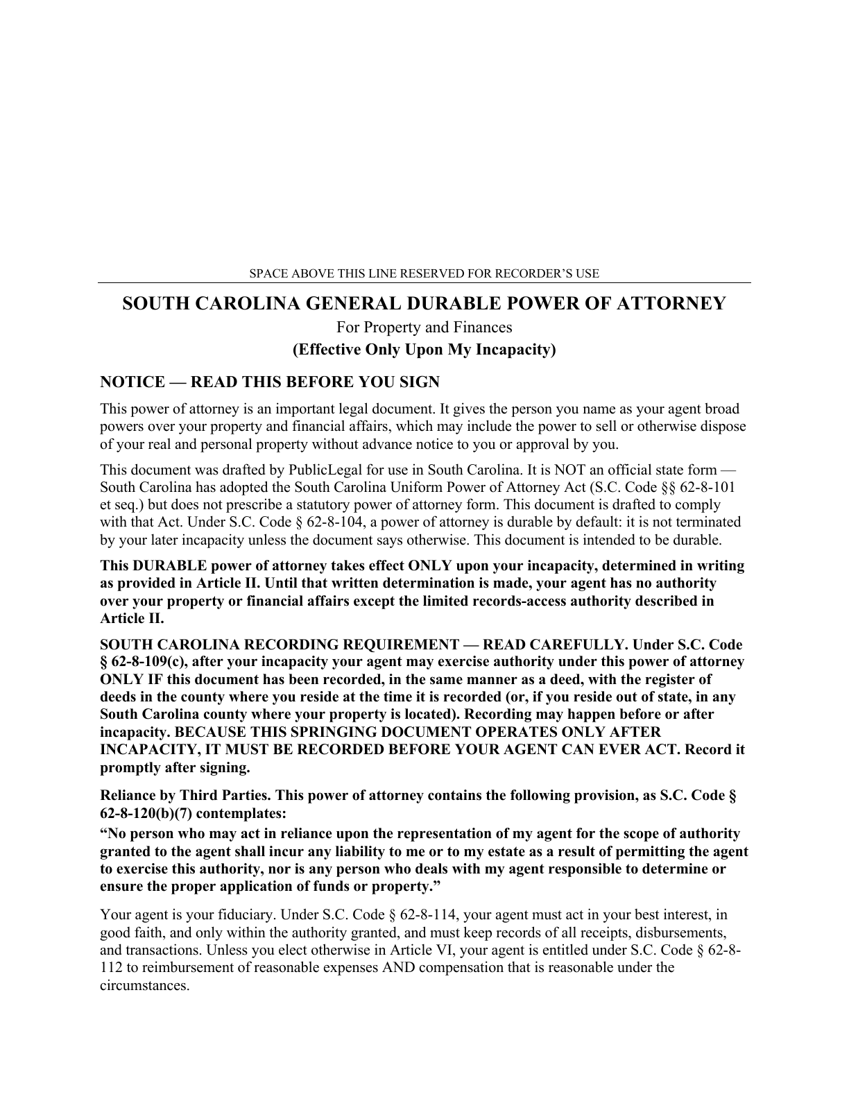 Page 1 of the blank South Carolina General Durable Power of Attorney for Property & Finances (Upon Disability)
