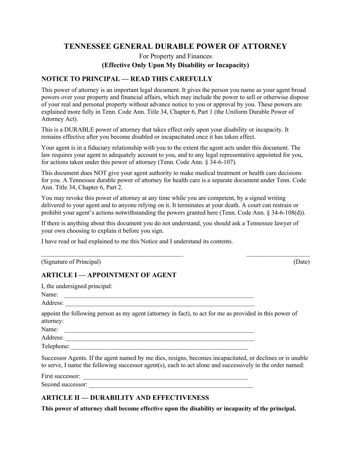 Page 1 of the blank Tennessee General Durable Power of Attorney for Property & Finances (Upon Disability)