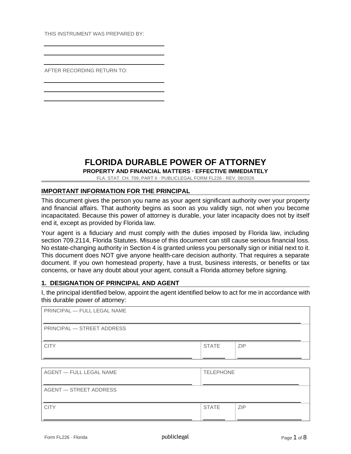 Page 1 of the blank Florida Durable Power of Attorney for property and financial matters