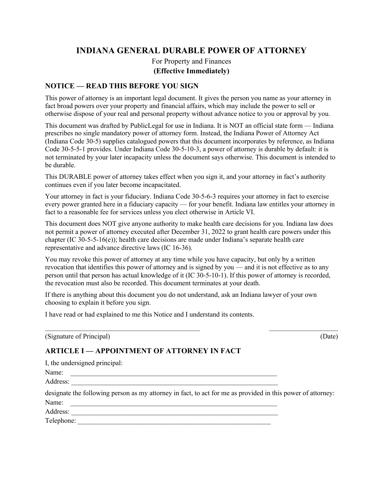 Page 1 of the blank Indiana General Durable Power of Attorney for Property & Finances (Immediate)
