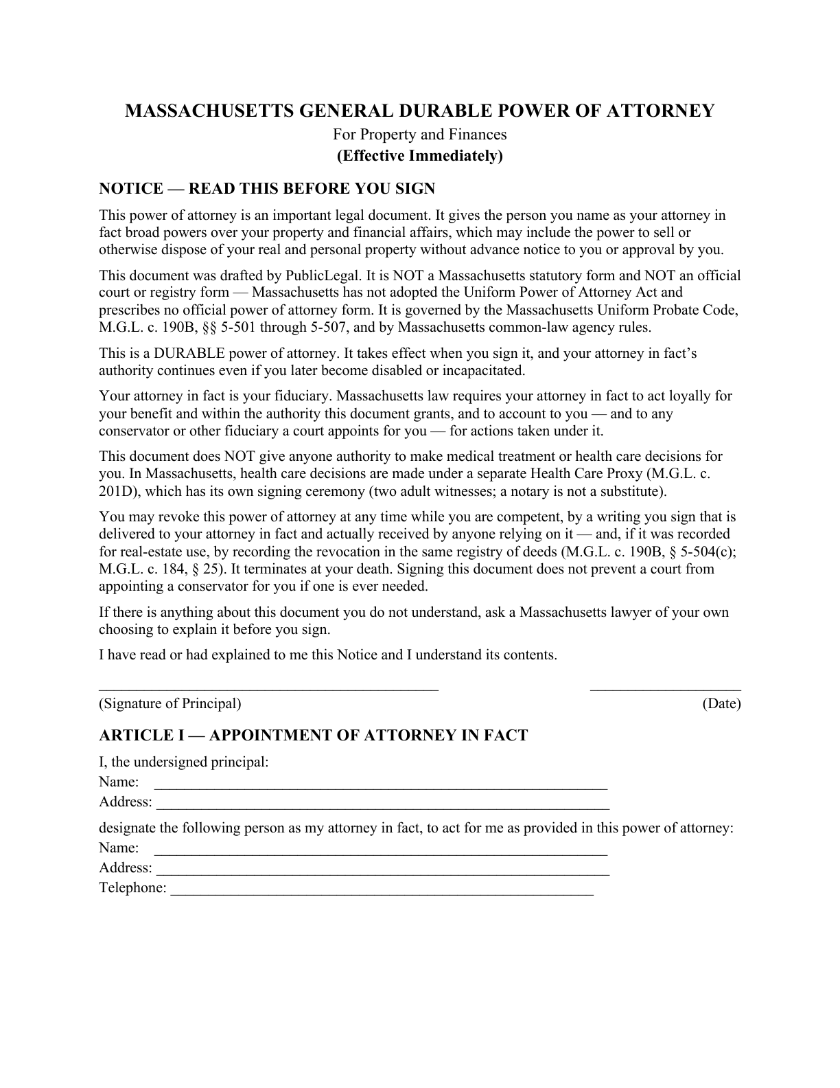 Page 1 of the blank Massachusetts General Durable Power of Attorney for Property & Finances (Immediate)