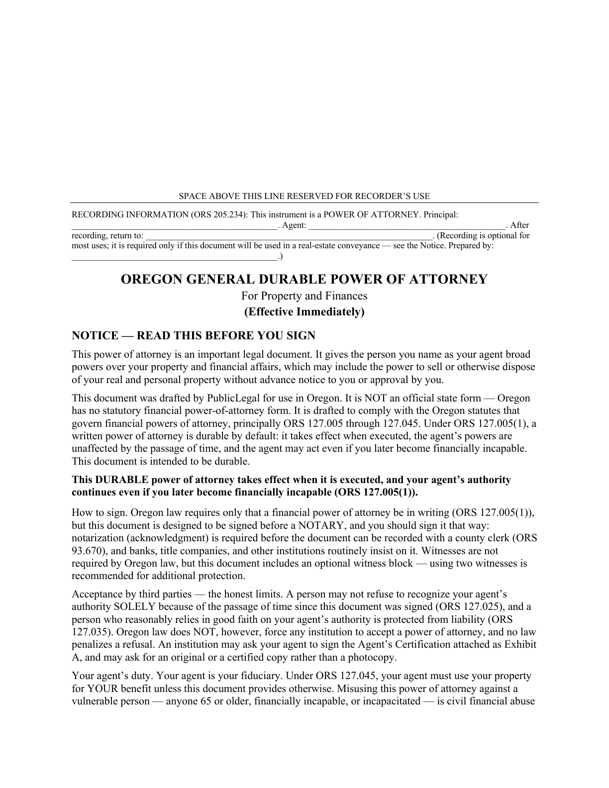 Page 1 of the blank Oregon General Durable Power of Attorney for Property & Finances (Immediate)