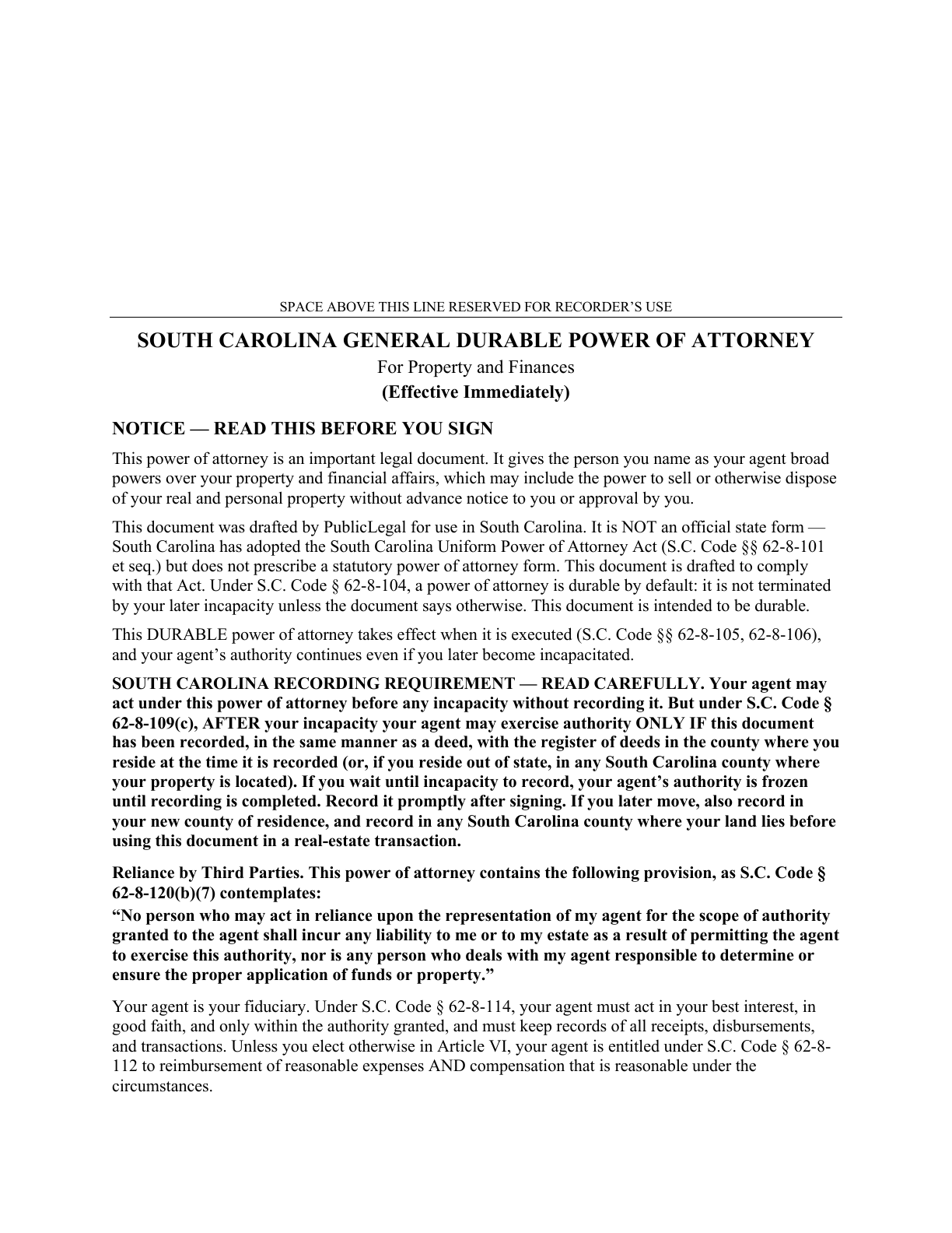 Page 1 of the blank South Carolina General Durable Power of Attorney for Property & Finances (Immediate)