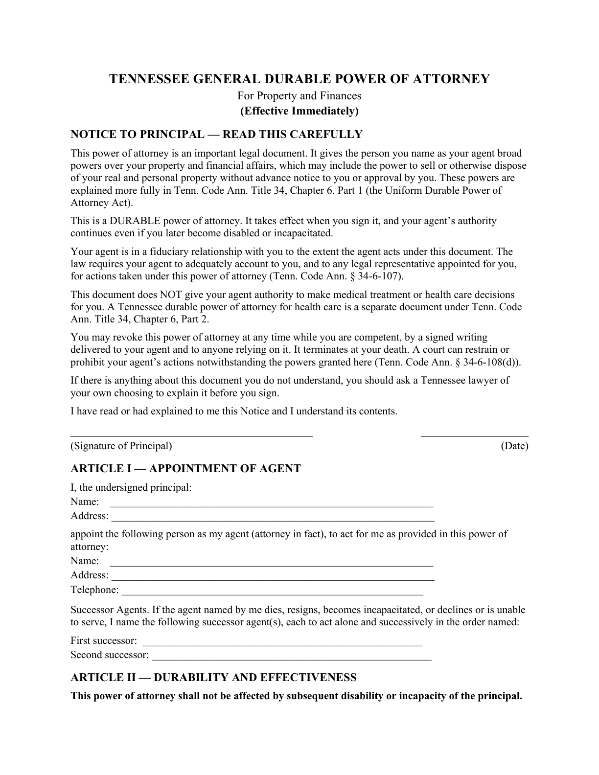 Page 1 of the blank Tennessee General Durable Power of Attorney for Property & Finances (Immediate)