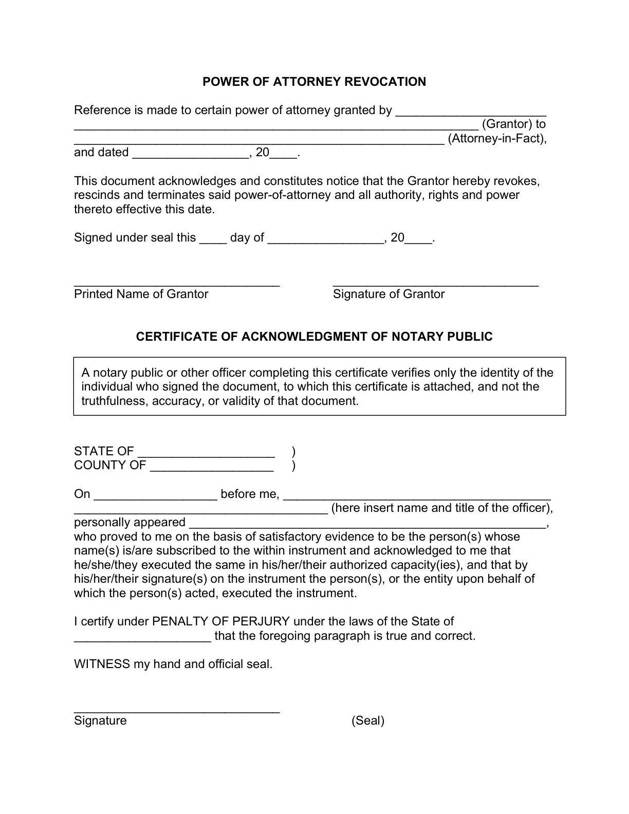 Top of the Power of Attorney Revocation instrument