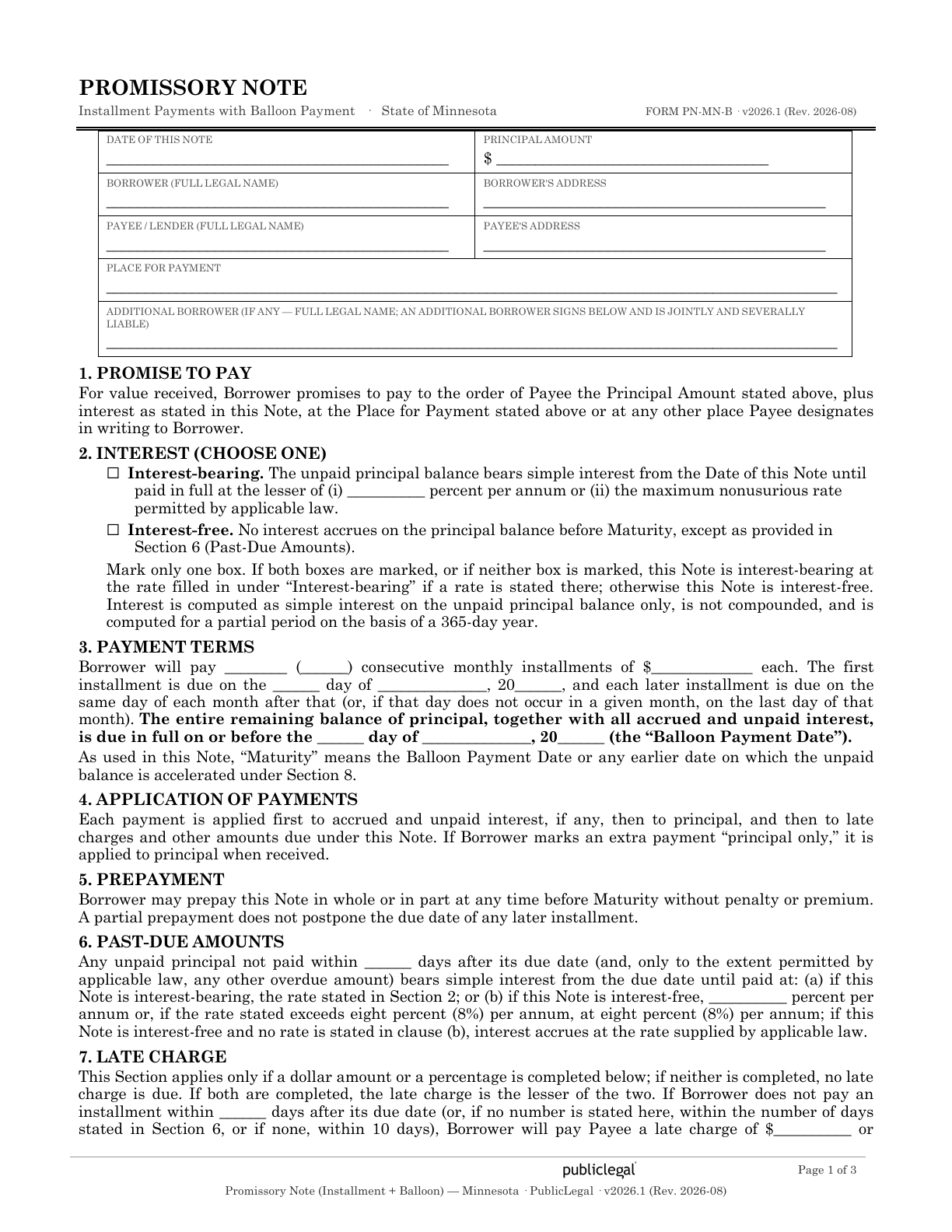 Page 1 of the Minnesota Balloon Payment Promissory Note form