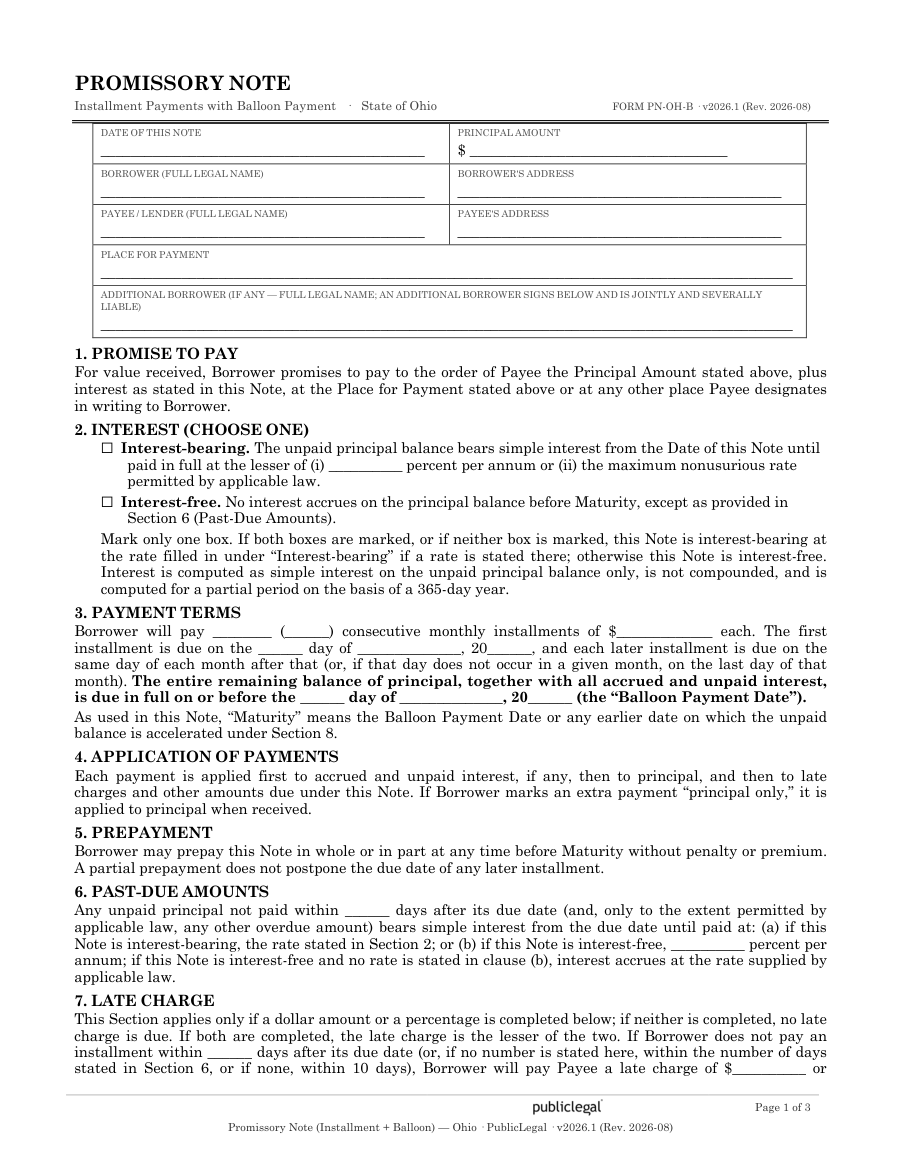 Page 1 of the Ohio Balloon Payment Promissory Note form