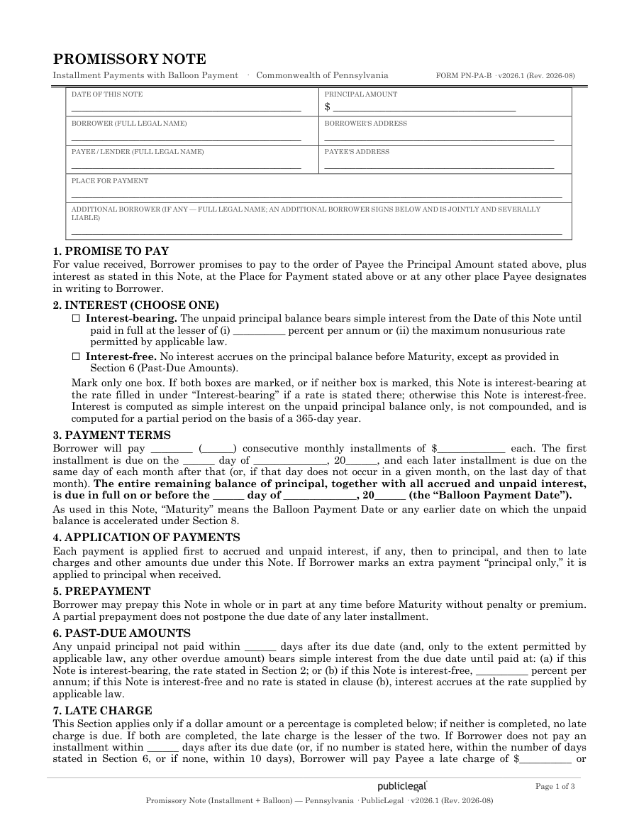 Page 1 of the Pennsylvania Balloon Payment Promissory Note form