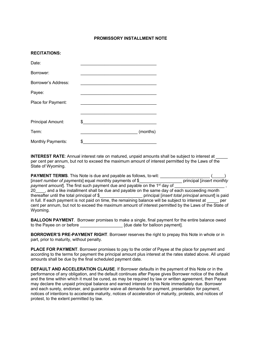 Page 1 of the Wyoming Balloon Payment Promissory Note form