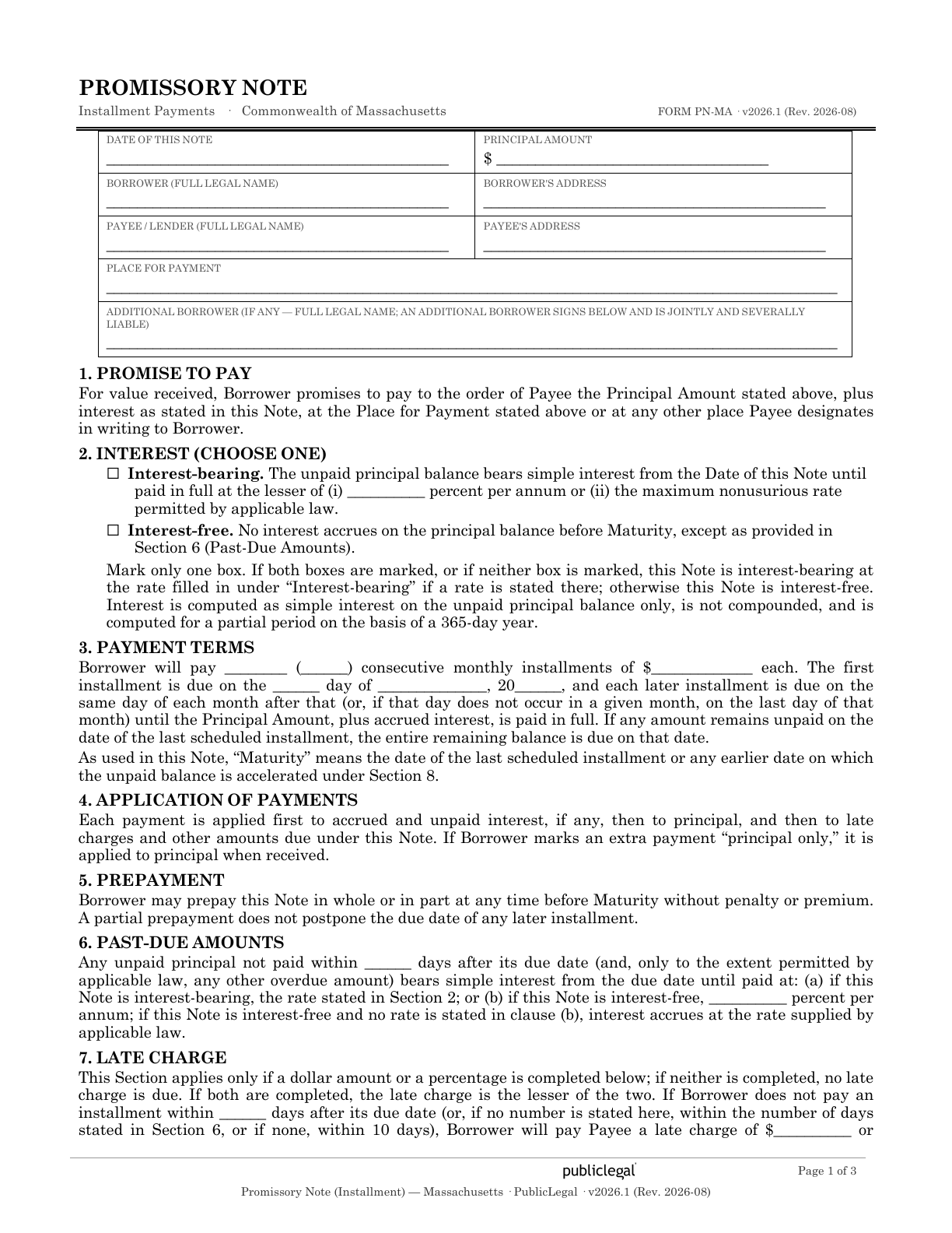 Page 1 of the Massachusetts Promissory Installment Note form