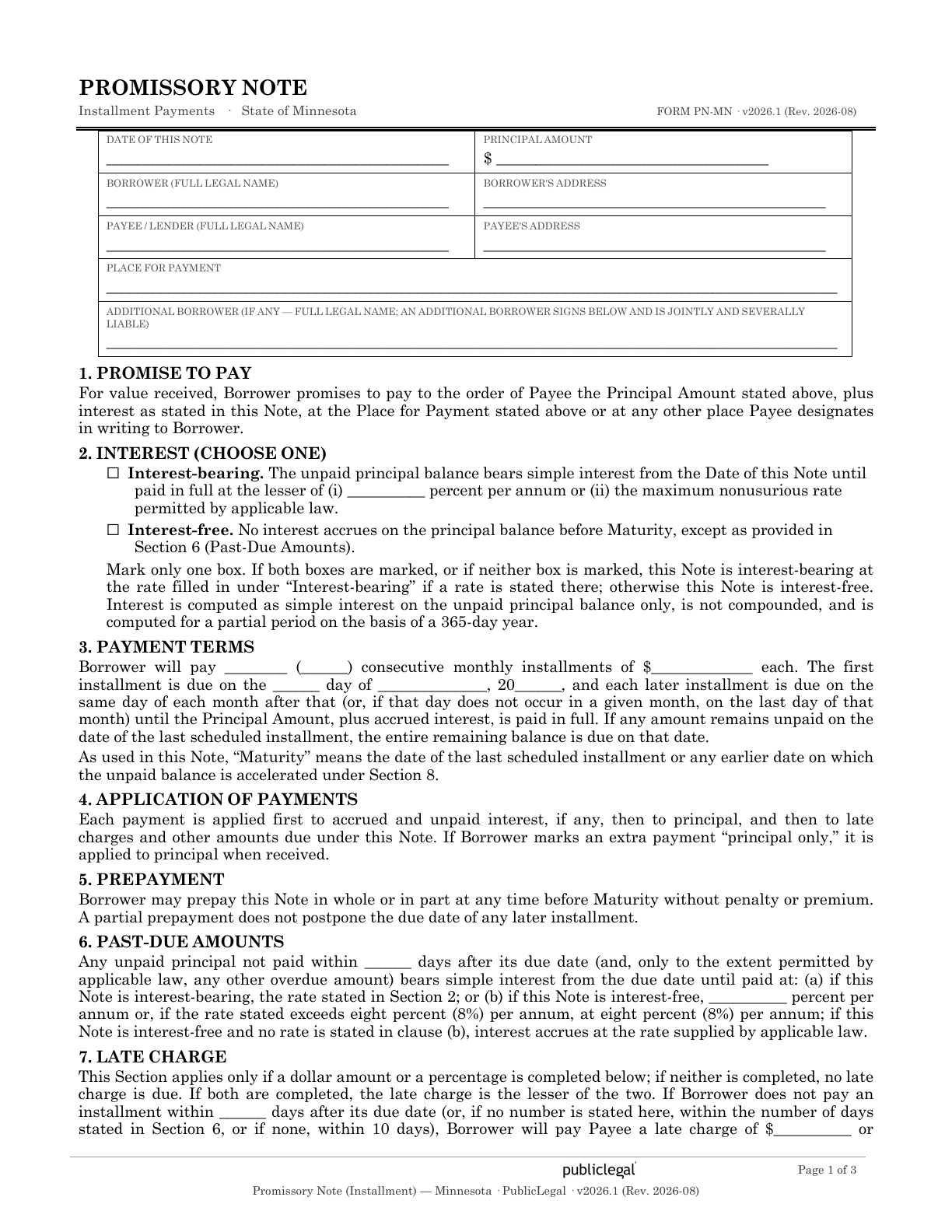 Page 1 of the Minnesota Promissory Installment Note form
