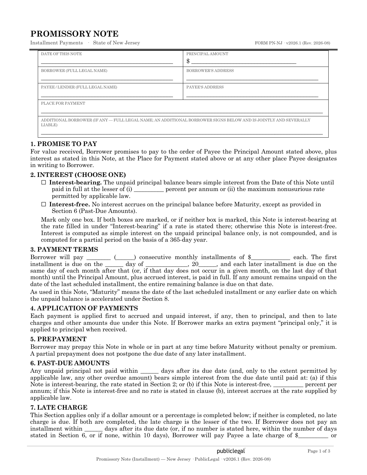 Page 1 of the New Jersey Promissory Installment Note form