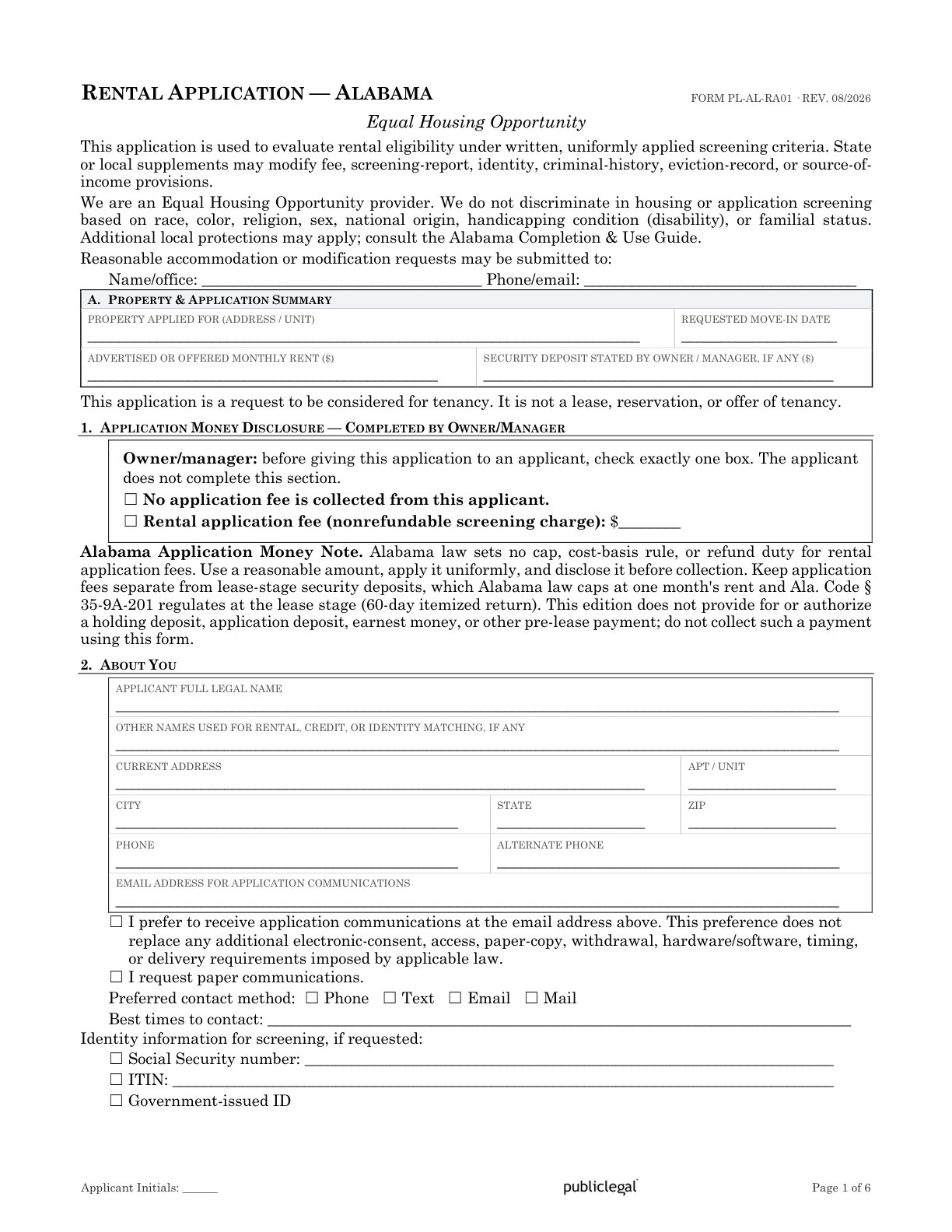Page 1 of the Alabama Residential Rental Application form