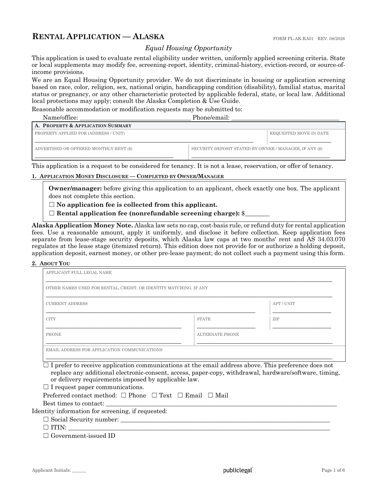 Page 1 of the Alaska Residential Rental Application form