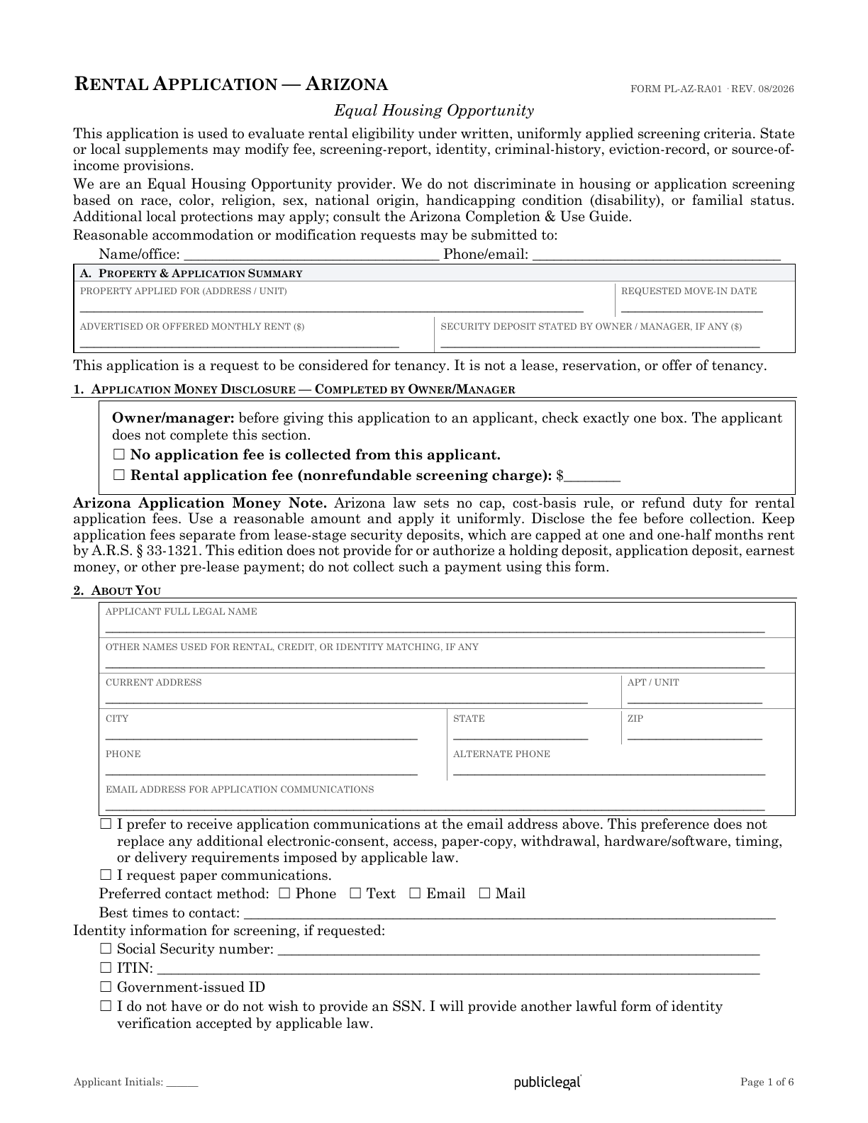 Page 1 of the Arizona Residential Rental Application form