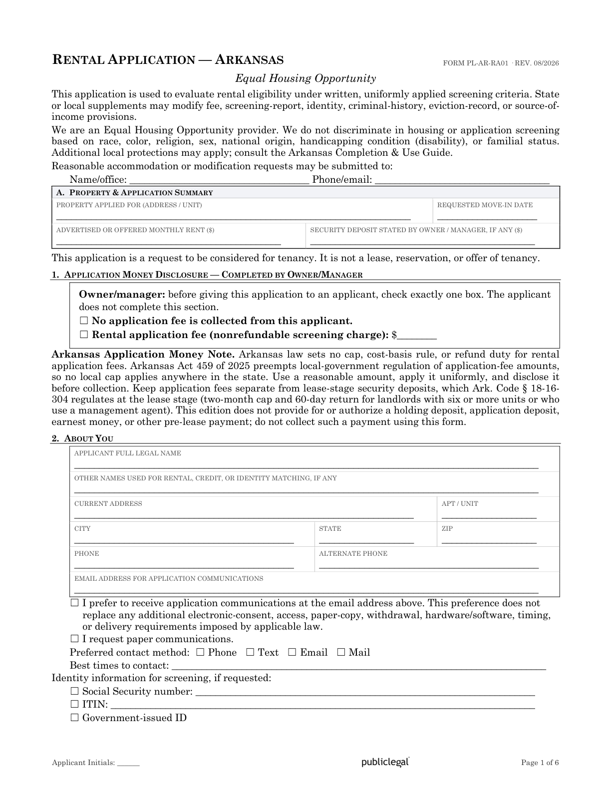 Page 1 of the Arkansas Residential Rental Application form