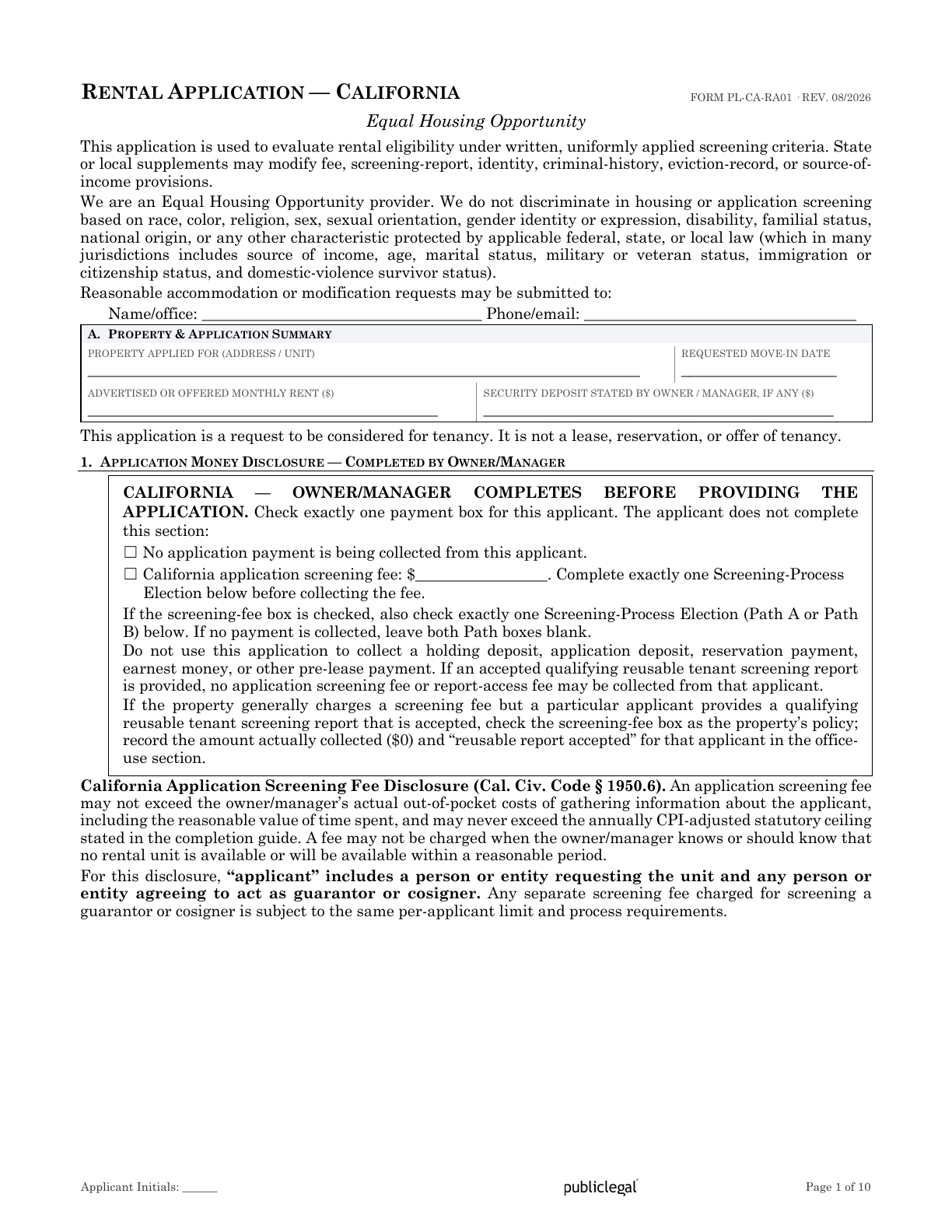 Page 1 of the California Residential Rental Application form