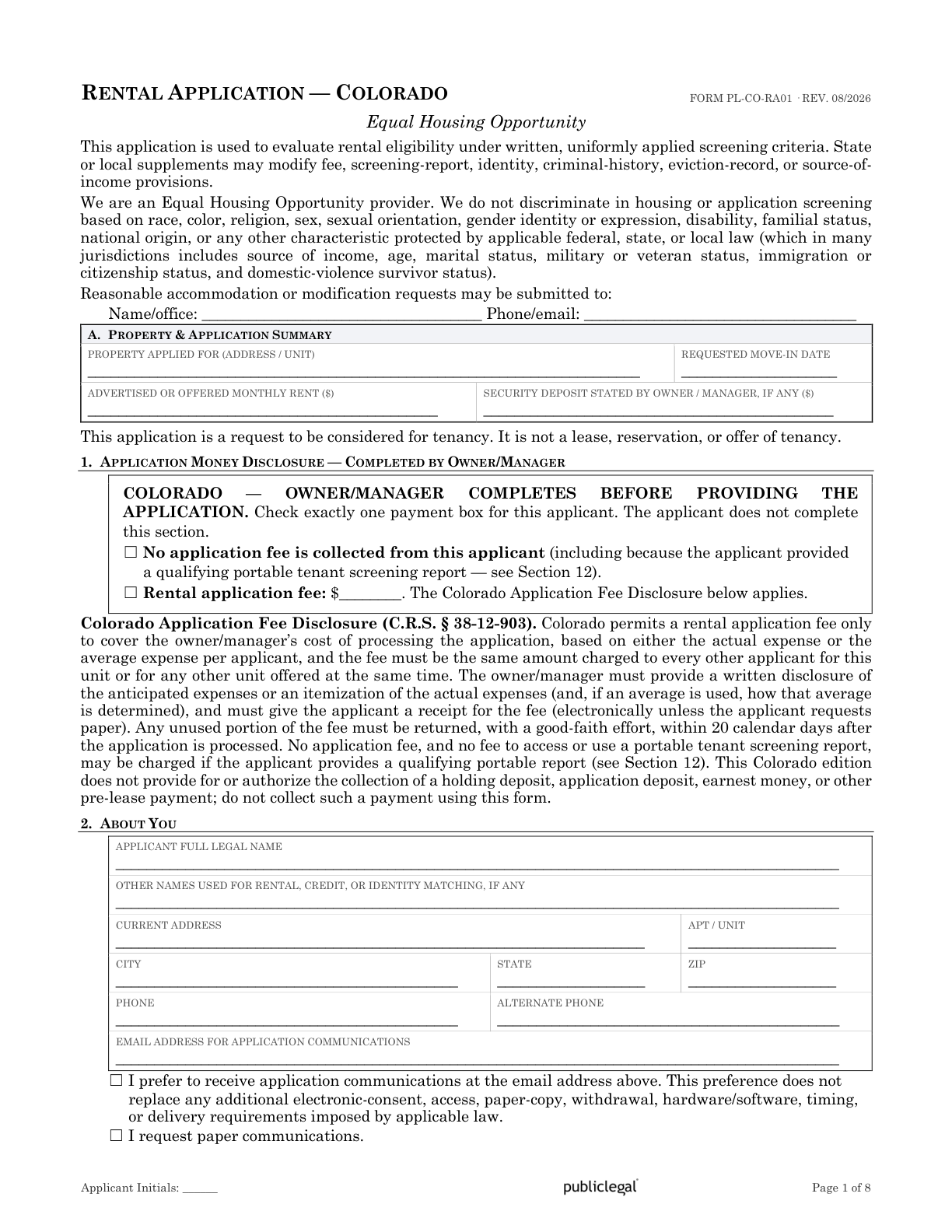 Page 1 of the Colorado Residential Rental Application form