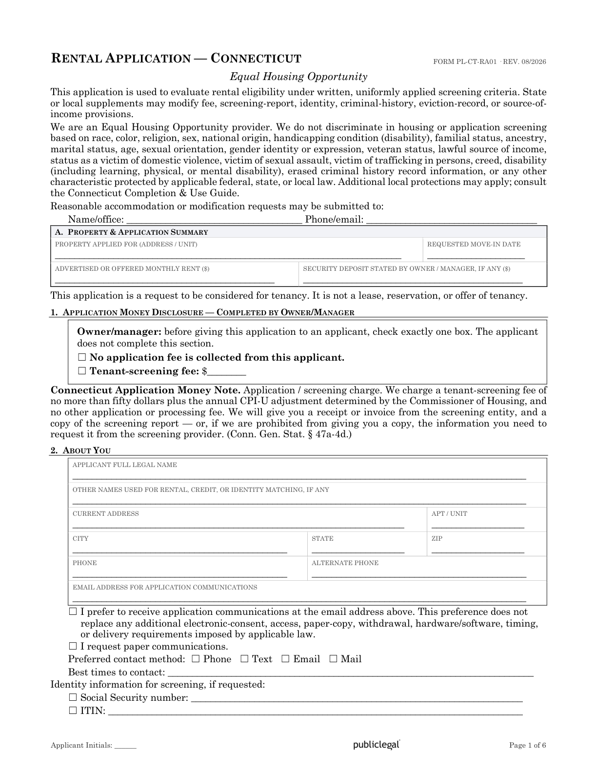 Page 1 of the Connecticut Residential Rental Application form